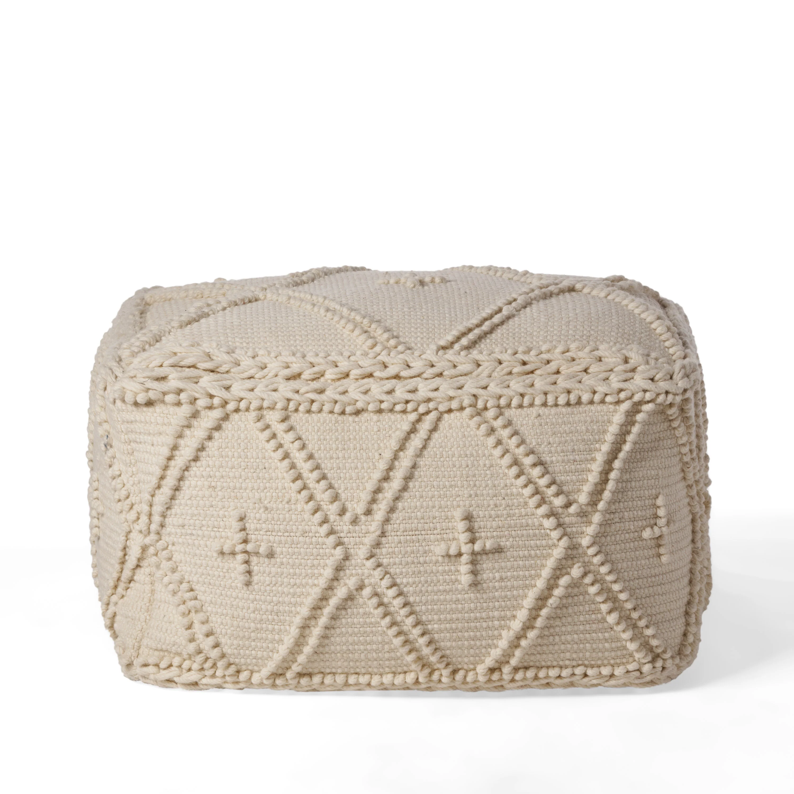 Nina Large Square Casual Pouf, Boho, White Wool and Cotton - furnishings