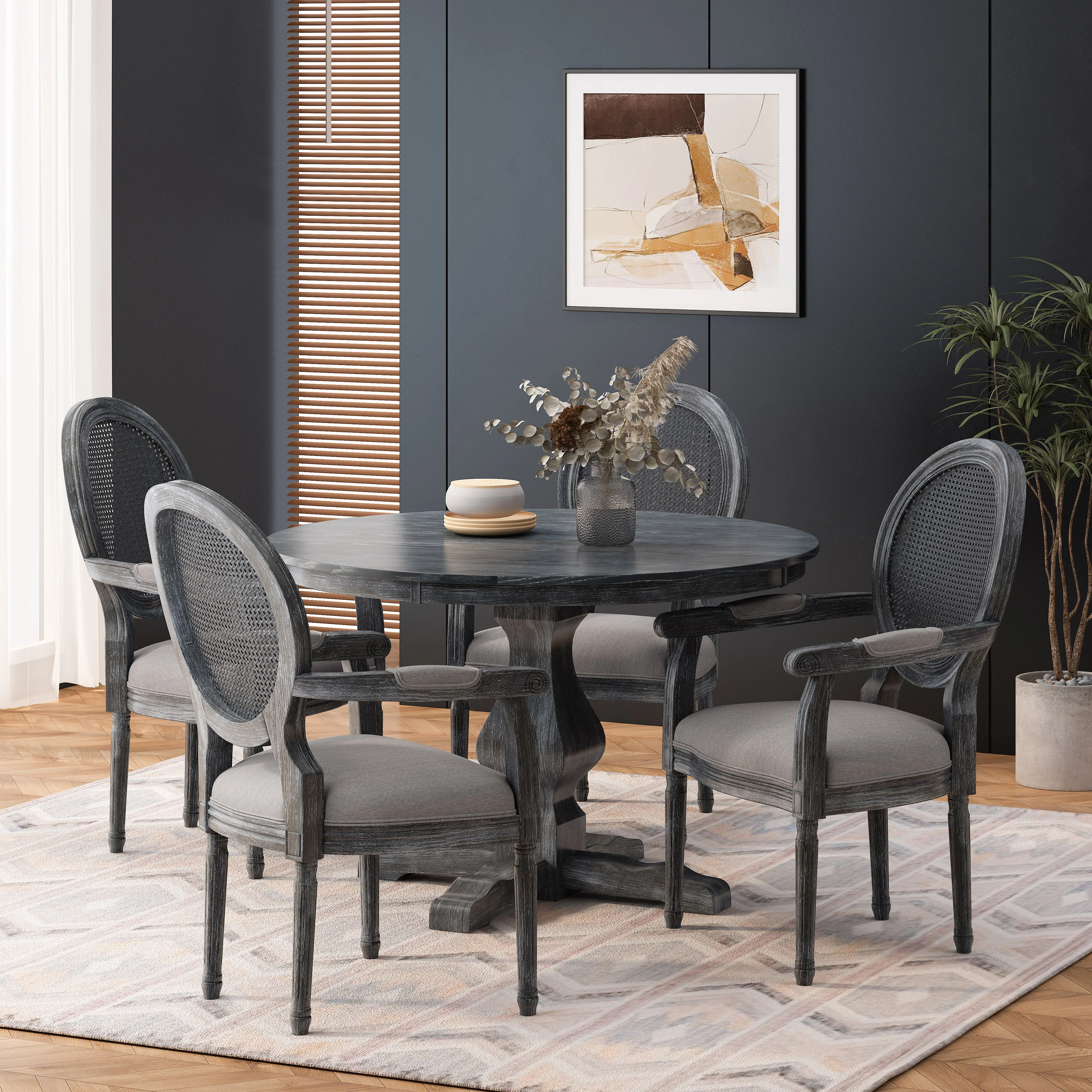 Bryan French Country Fabric Upholstered Wood and Cane 5 Piece Circular Dining Set - furnishings