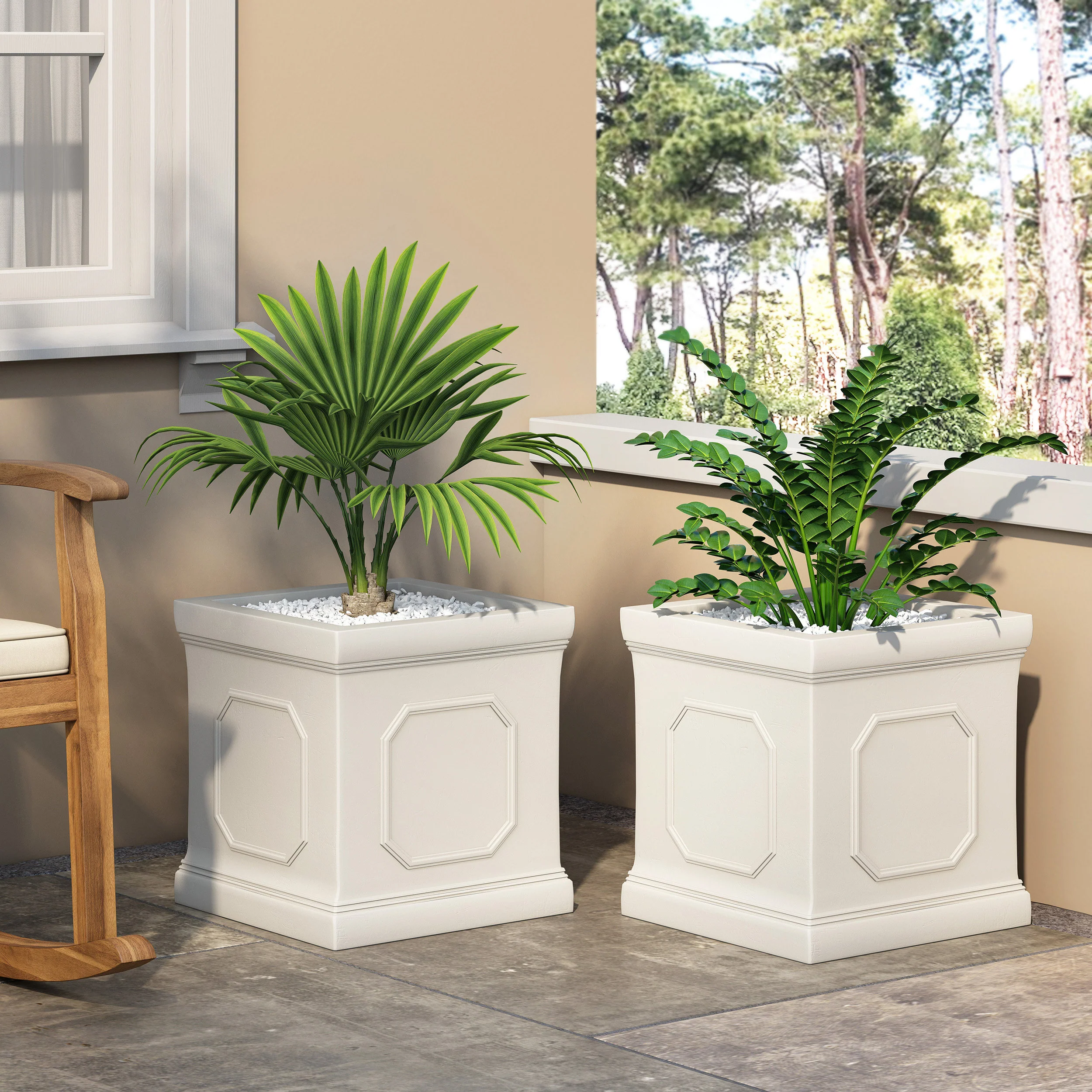 Greg Outdoor Large Cast Stone Planters, Set of 2, Antique White - furnishings