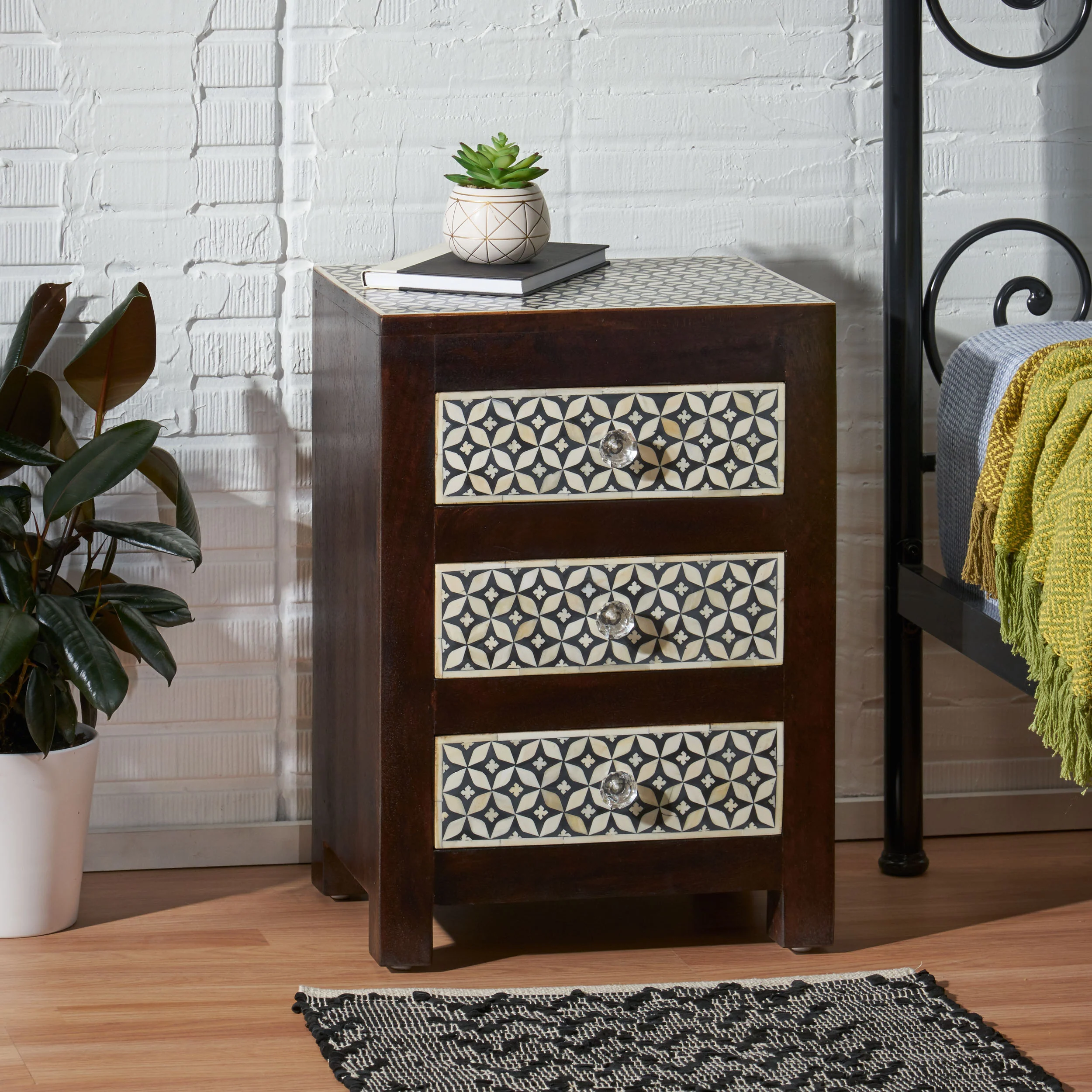 Kuna Handcrafted Boho 3 Drawer Mango Wood Nightstand - furnishings