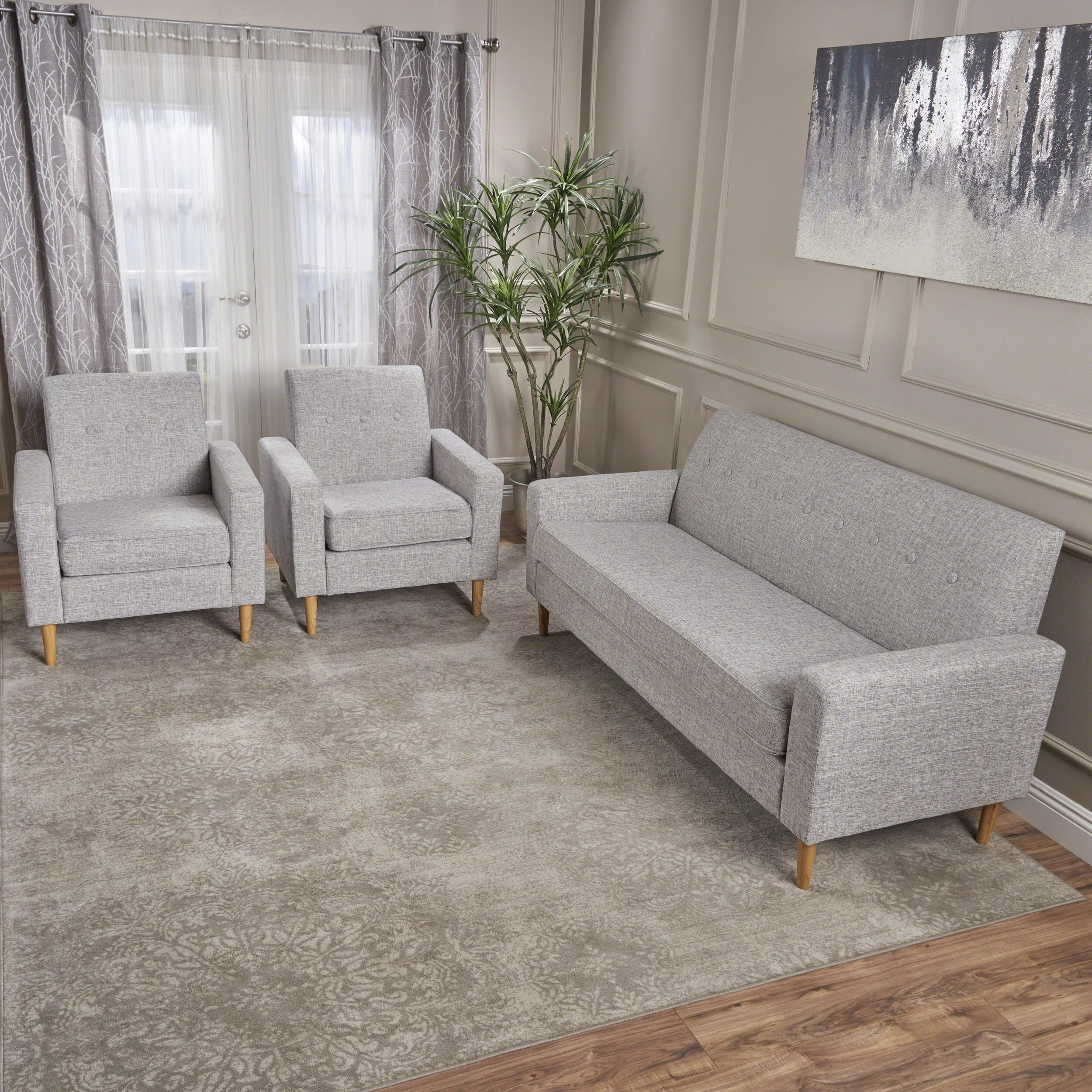 Stratford Mid-Century Modern 3-Piece Fabric Chairs & Sofa Living Room Set - furnishings