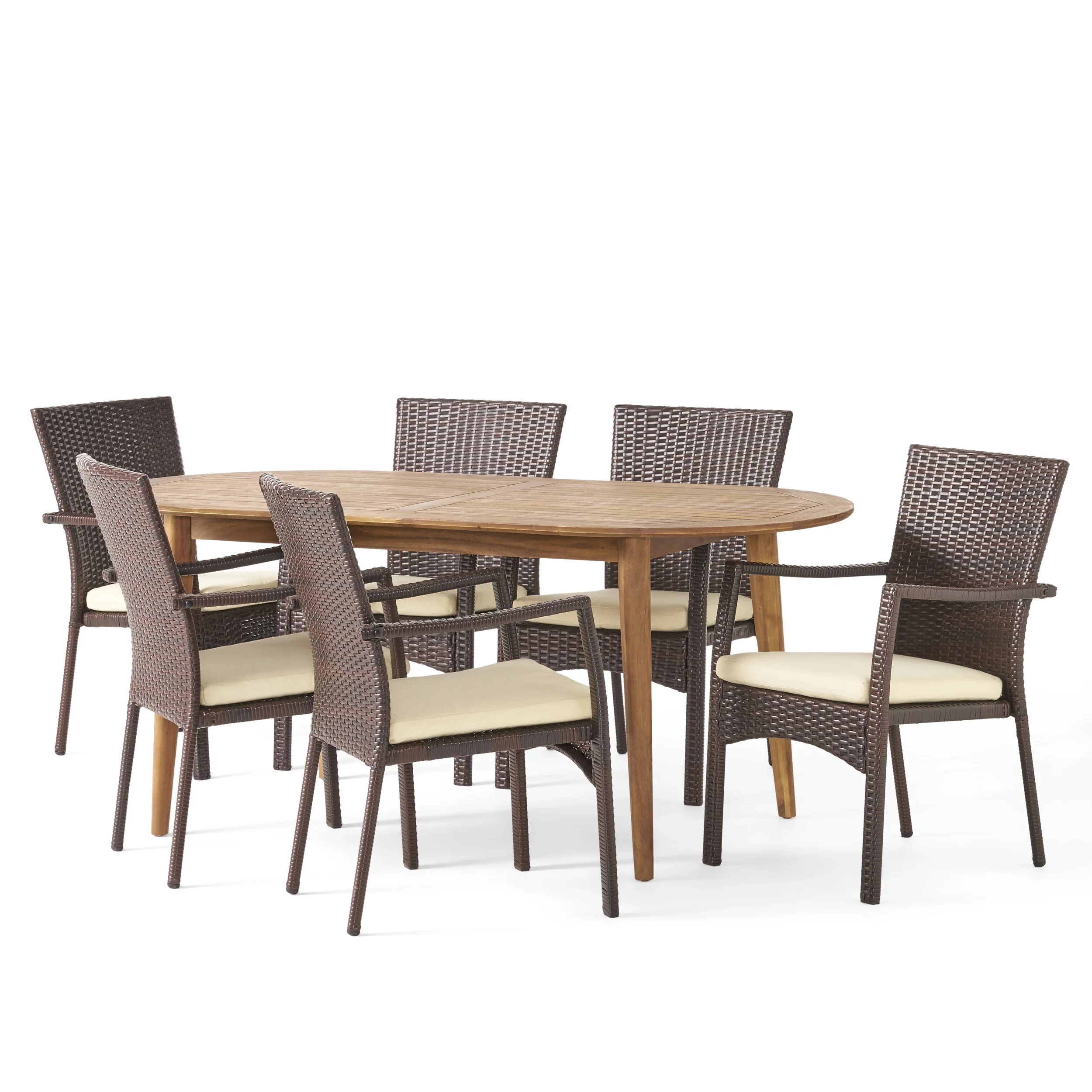 Stanfer Outdoor 7-Piece Acacia Wood Dining Set with Wicker Chairs - furnishings
