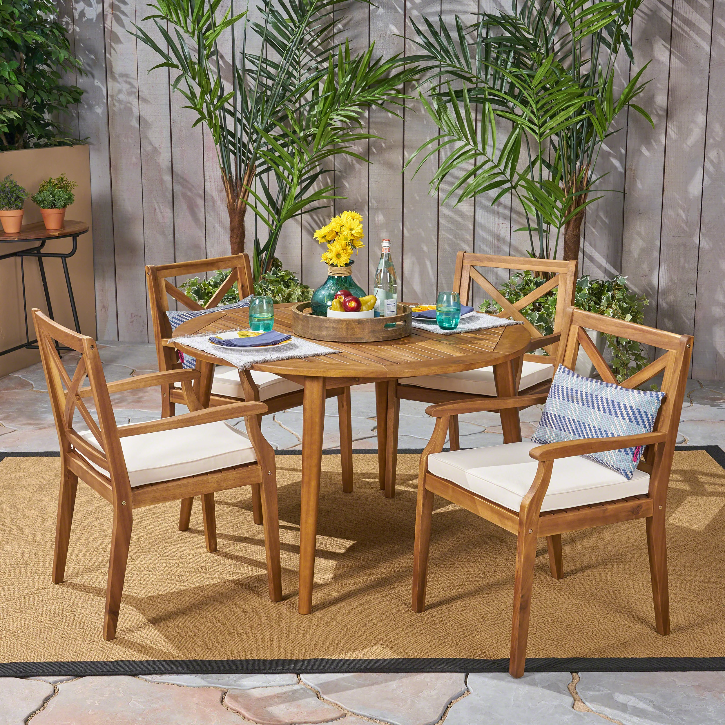 Jenson Outdoor 5 Piece Acacia Wood Dining Set with Cushions - furnishings