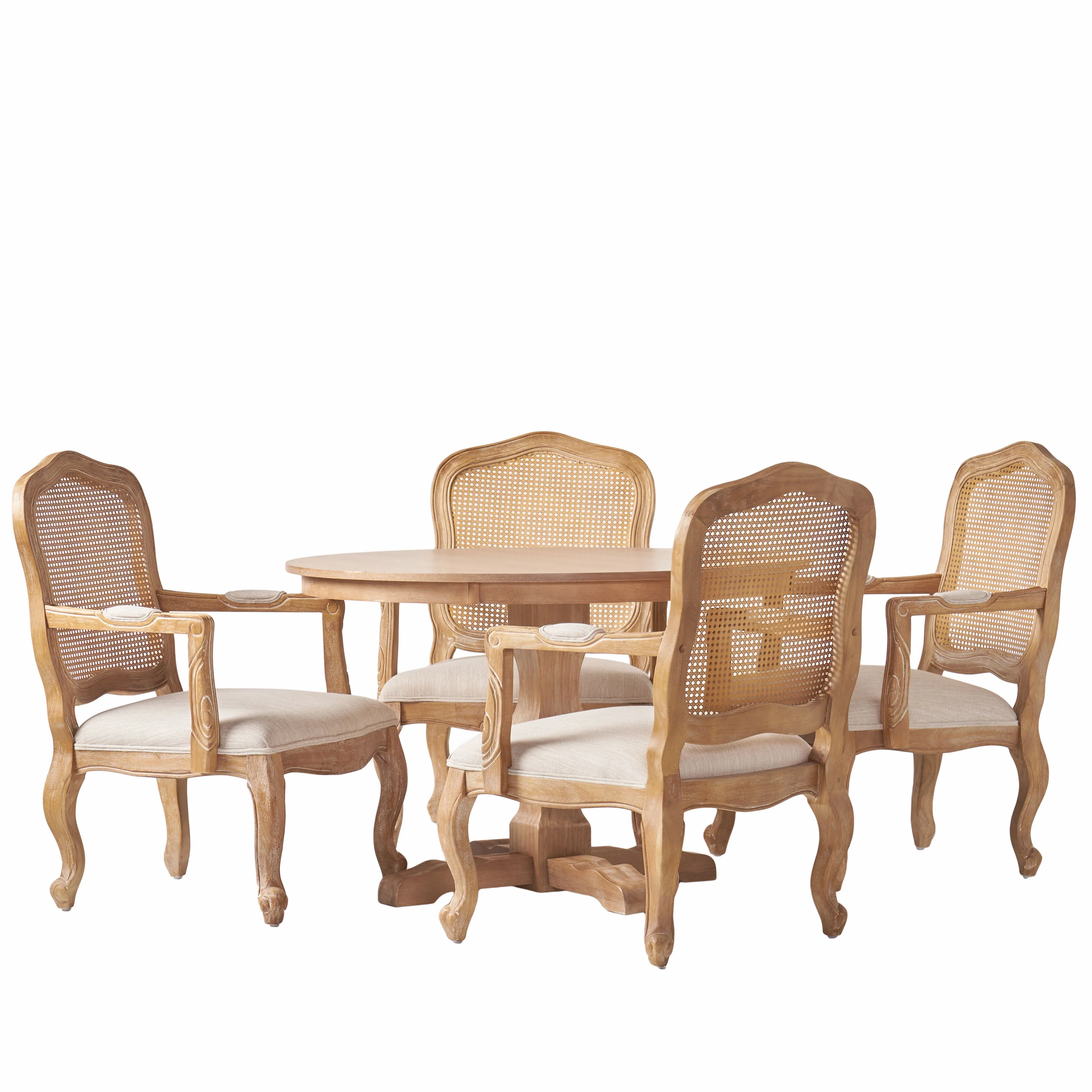 Absaroka French Country Fabric Upholstered Wood and Cane 5 Piece Circular Dining Set - furnishings
