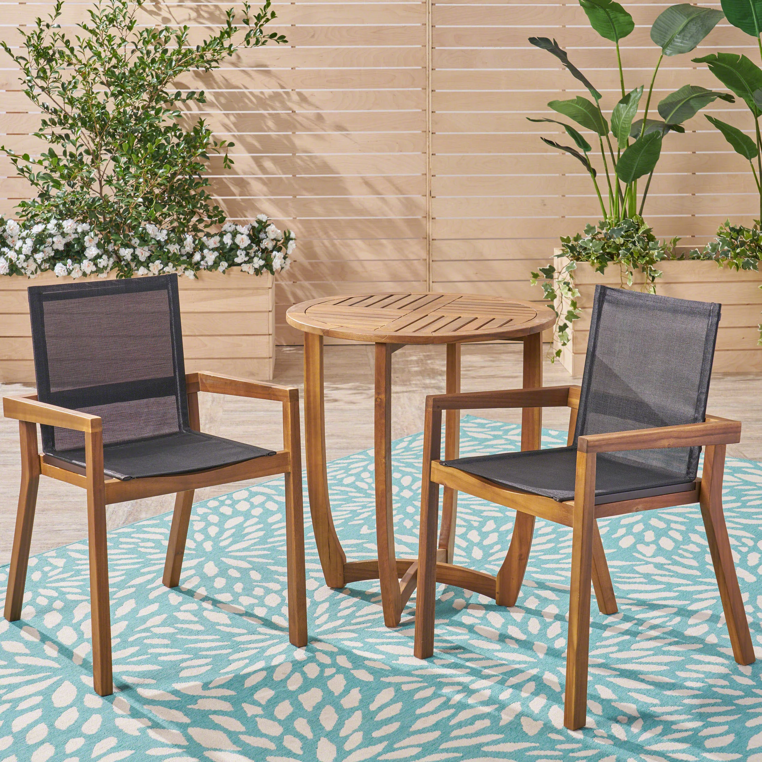Mark Outdoor Acacia Wood 3 Piece Dining Set with Mesh Seats - furnishings