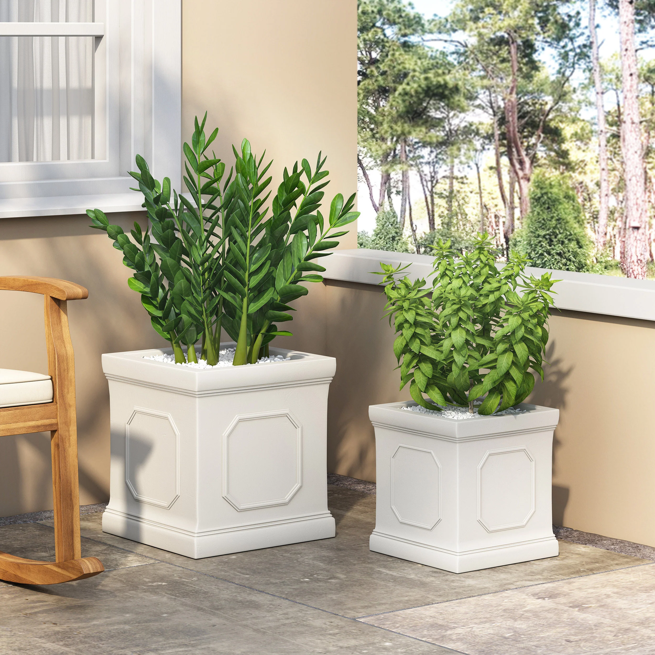 Greg Outdoor Medium and Large Cast Stone Planter Set, Antique White - furnishings
