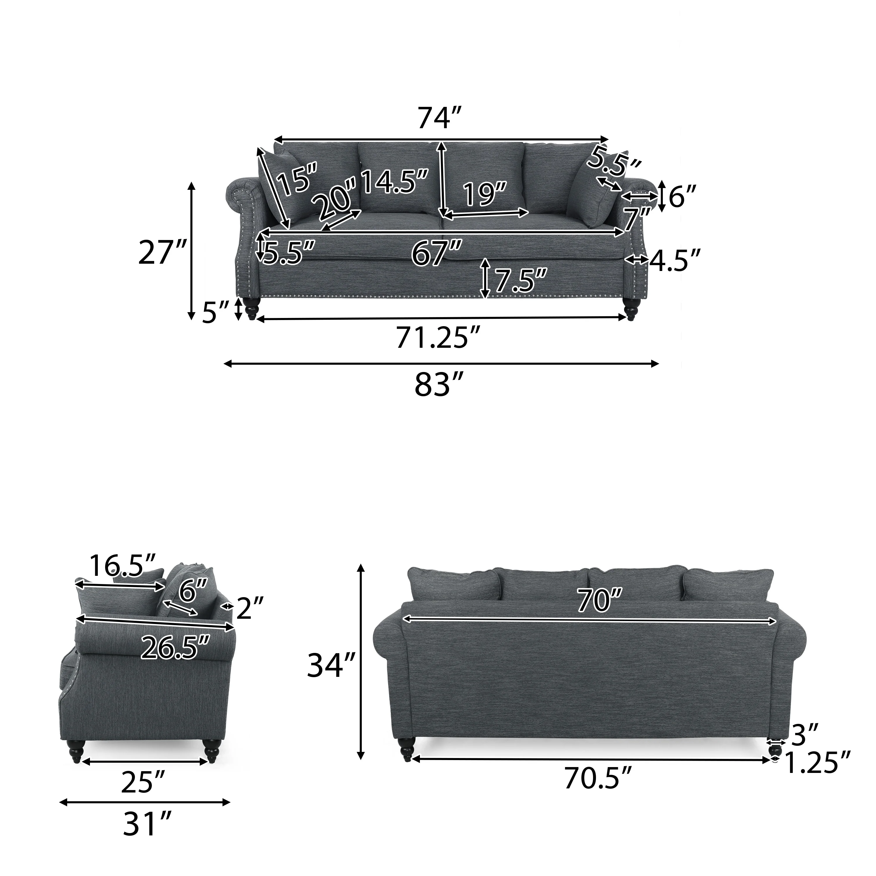 Bonny Contemporary Fabric Pillowback 3 Seater Sofa with Nailhead Trim - furnishings
