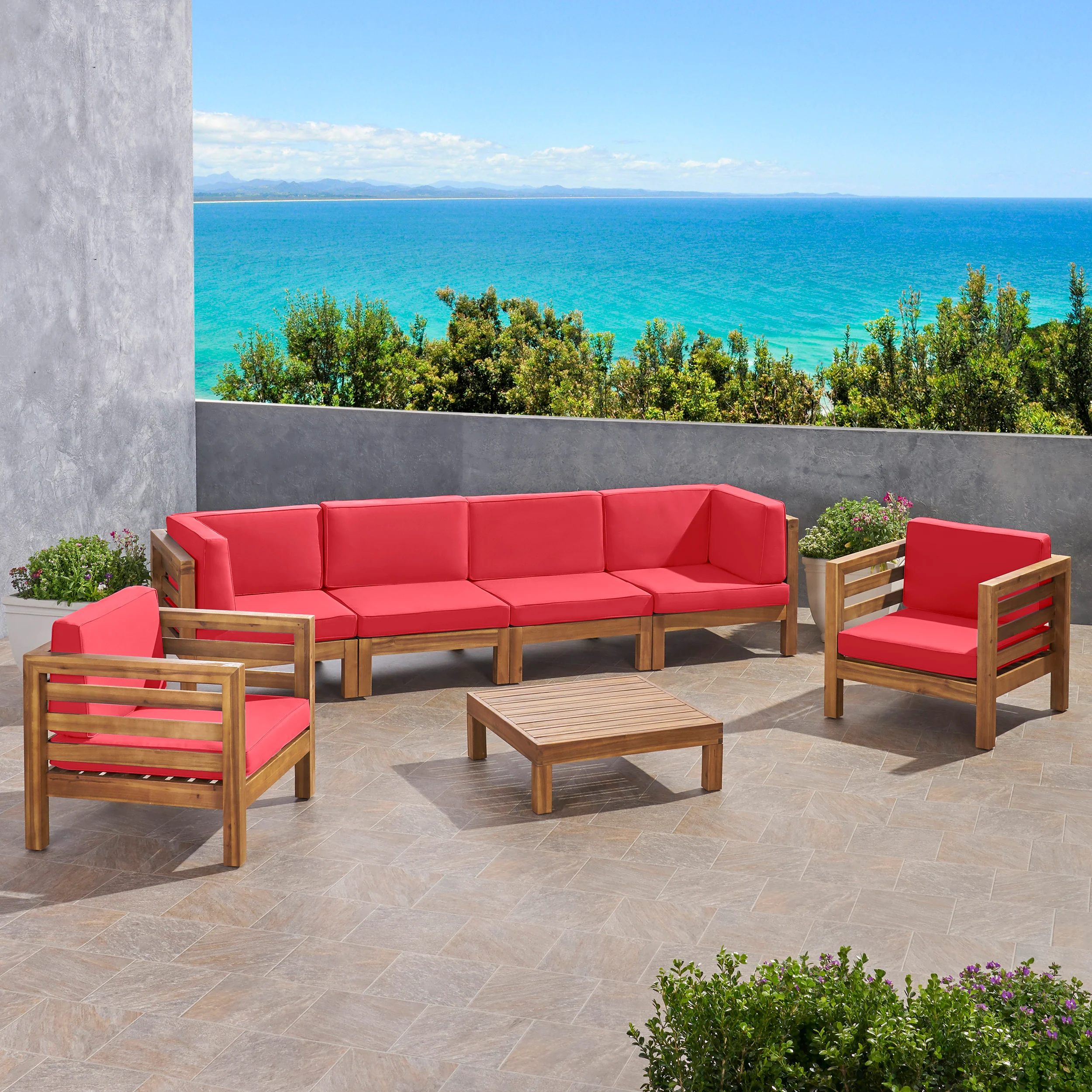 Emma Outdoor 6 Seater Acacia Wood Sofa Chat Set - furnishings
