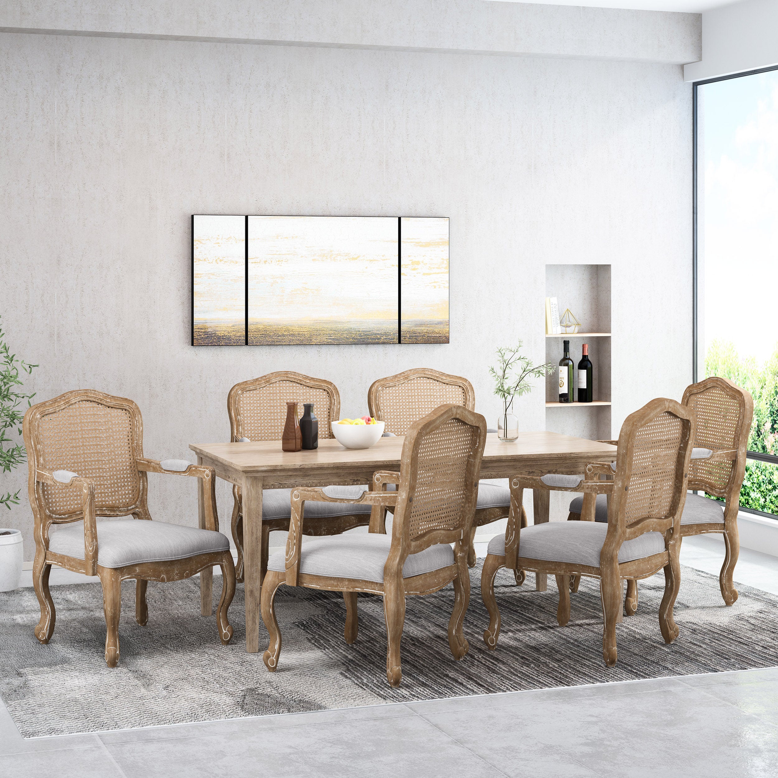 Biorn French Country Wood and Cane Upholstered Dining Armchair - furnishings