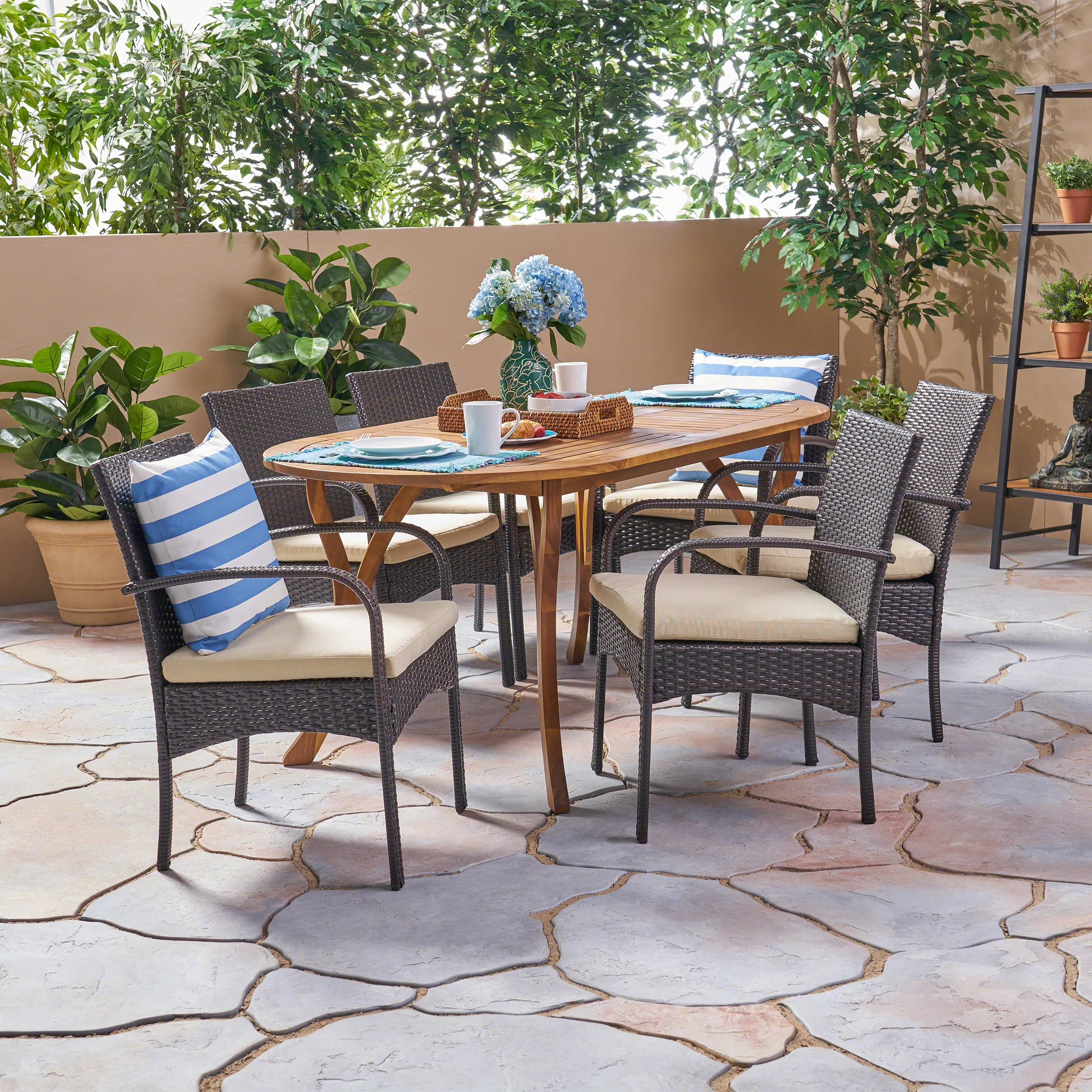 Epps Outdoor 7 Piece Acacia Wood and Wicker Dining Set, Teak with Multi Brown Chairs - furnishings