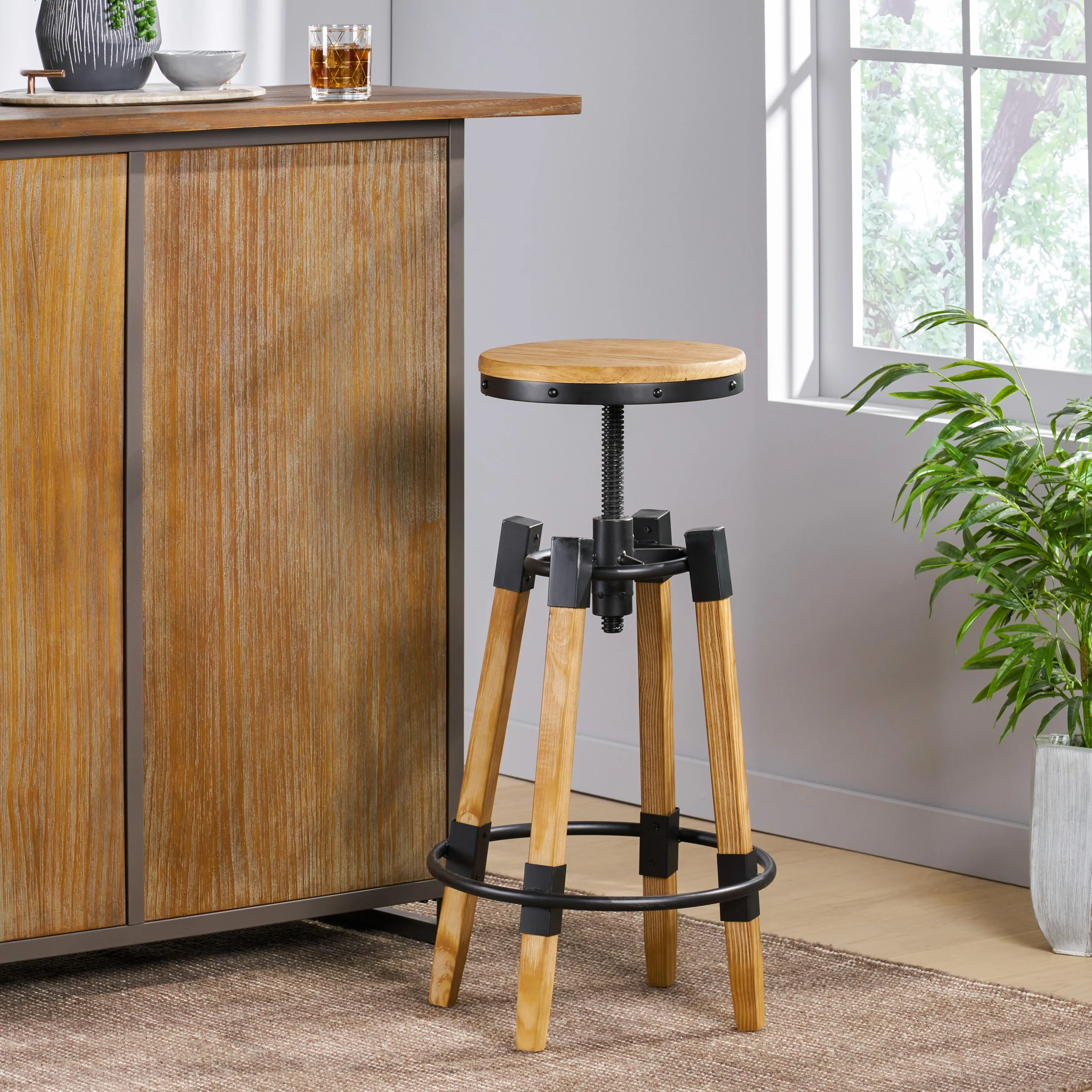 Javadel Modern Industrial Antique Firwood Adjustable Barstool with Iron Accents - furnishings