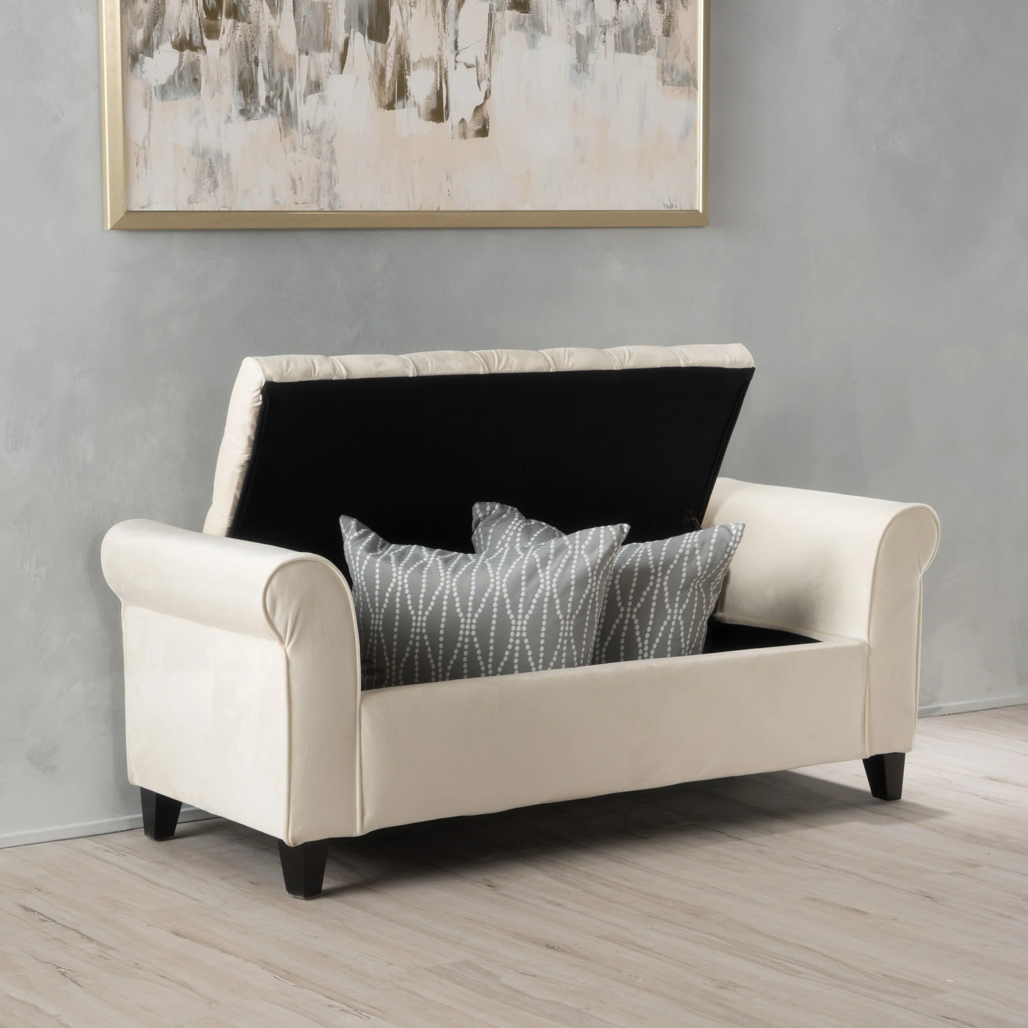 Berggren Contemporary Rolled Arm Velvet Storage Ottoman Bench, Ivory and Dark Brown - furnishings