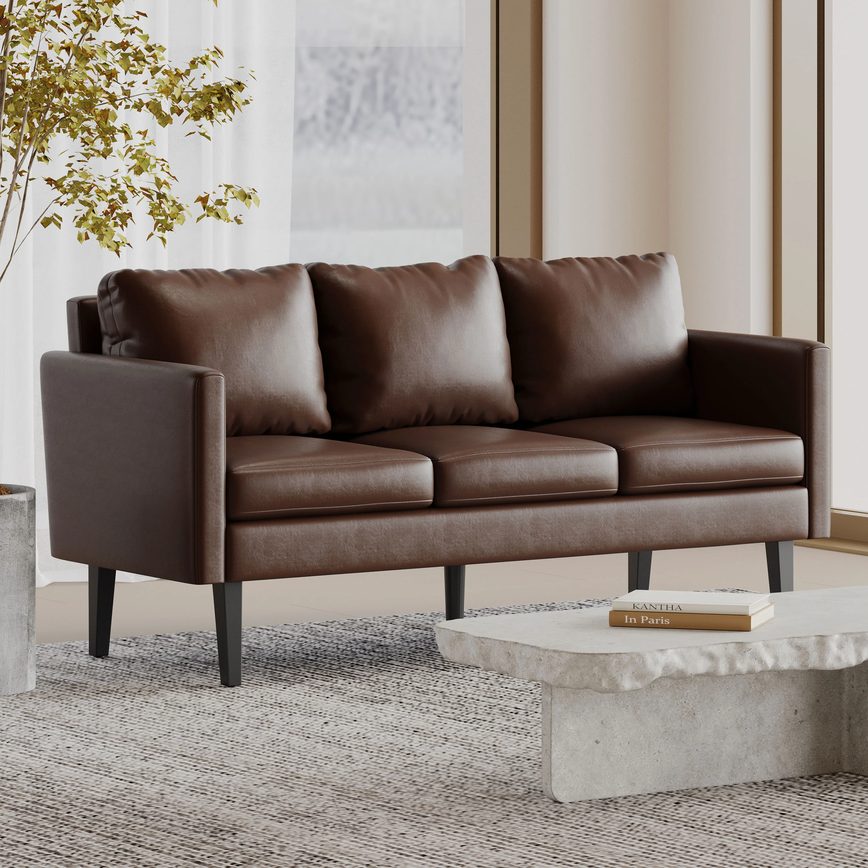 Dowd Mid Century Modern Faux Leather 3 Seater Sofa - furnishings