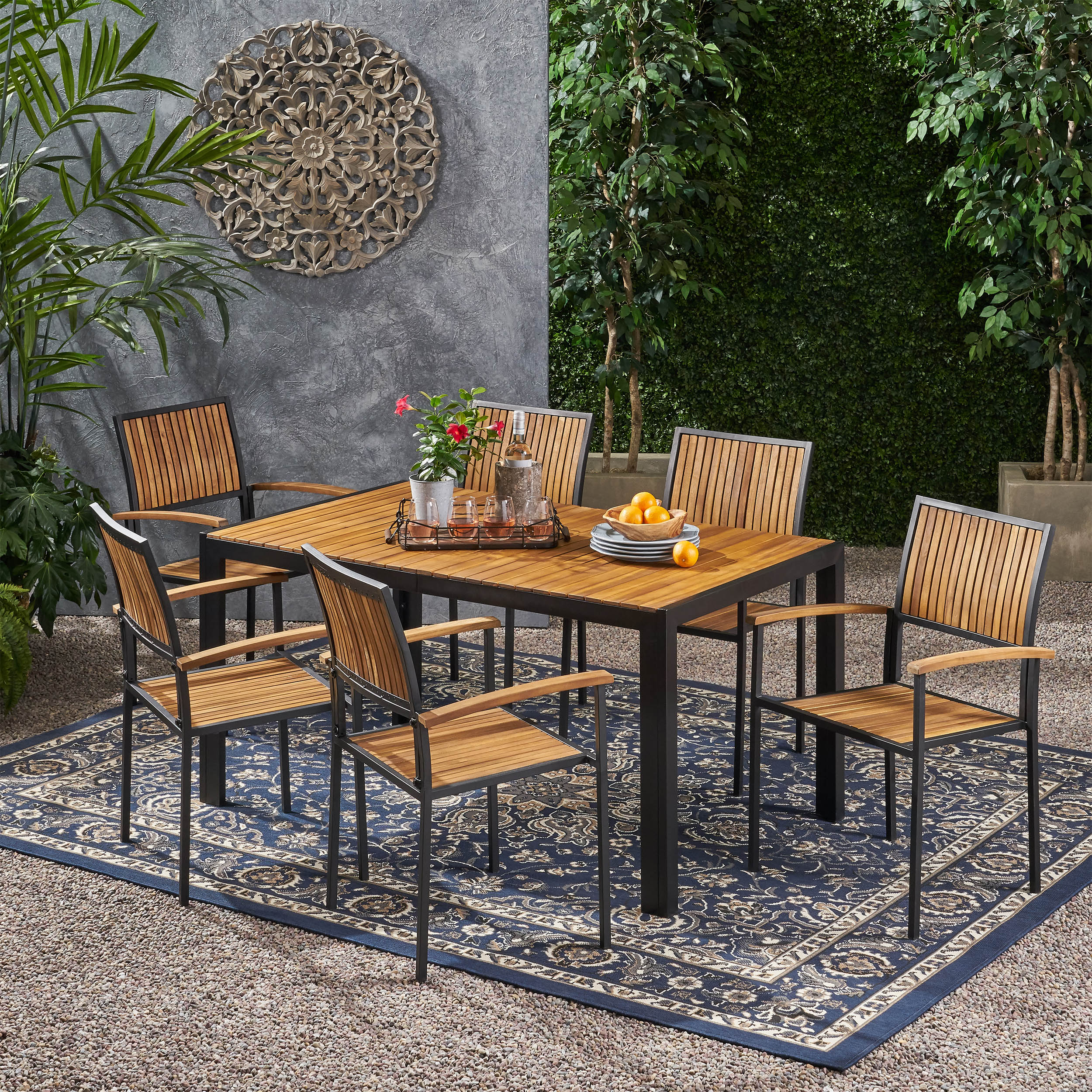 Grace Outdoor 6 Seater Acacia Wood Dining Set with an Iron Frame - furnishings
