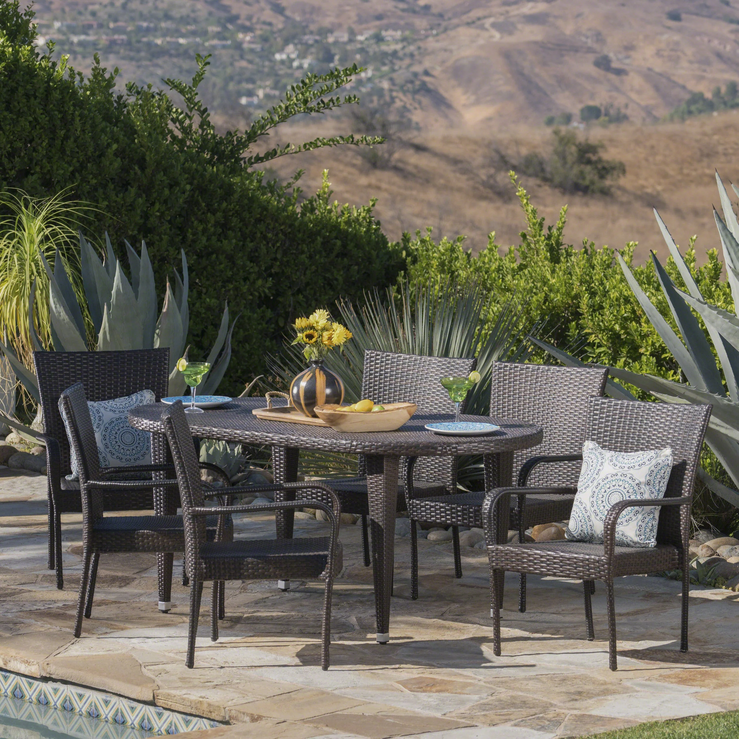 Sophilynn Outdoor 7 Piece Multi-brown Wicker Oval Dining Set with Stacking Chairs - furnishings