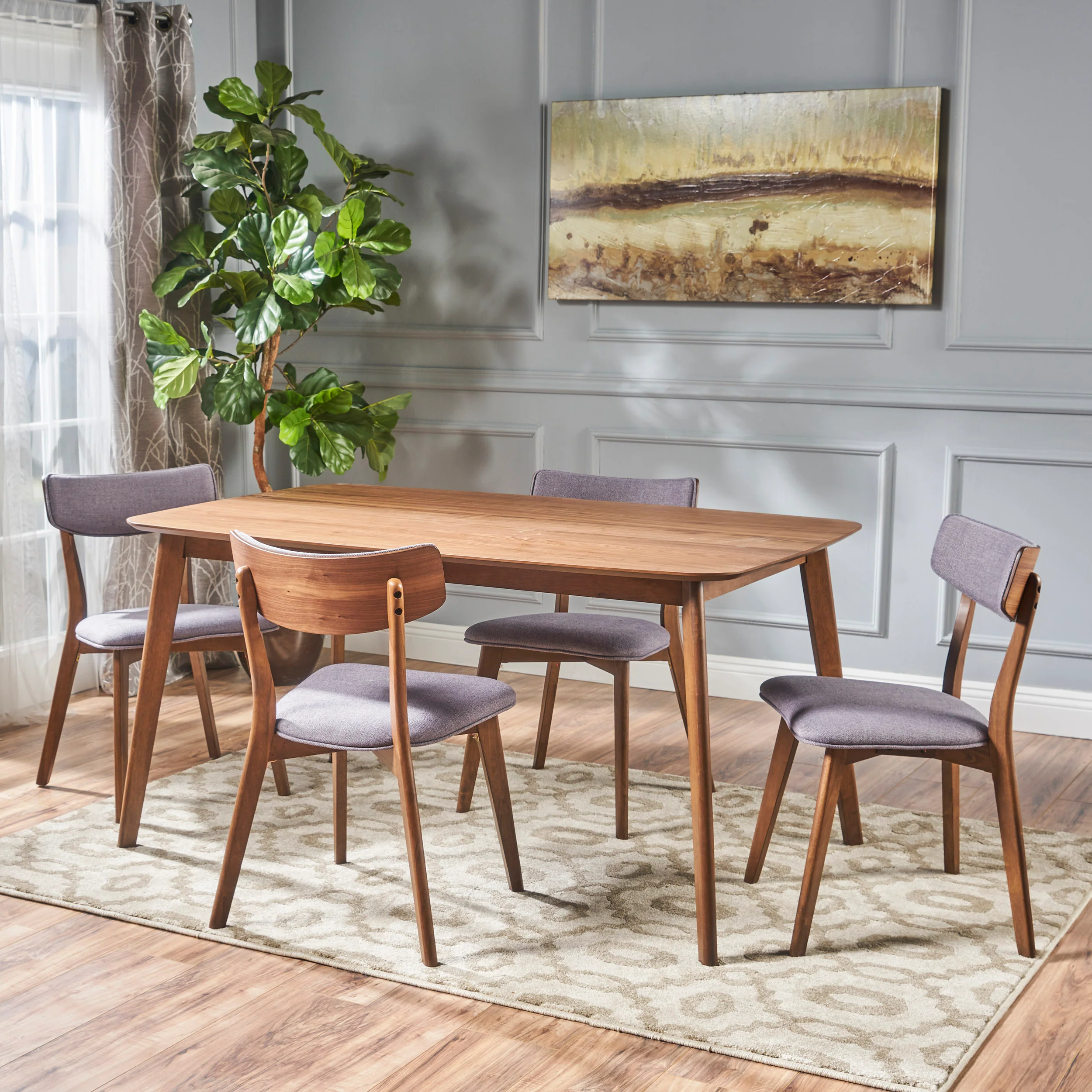 Aman Mid Century Finished 5 Piece Wood Dining Set with Fabric Chairs - furnishings