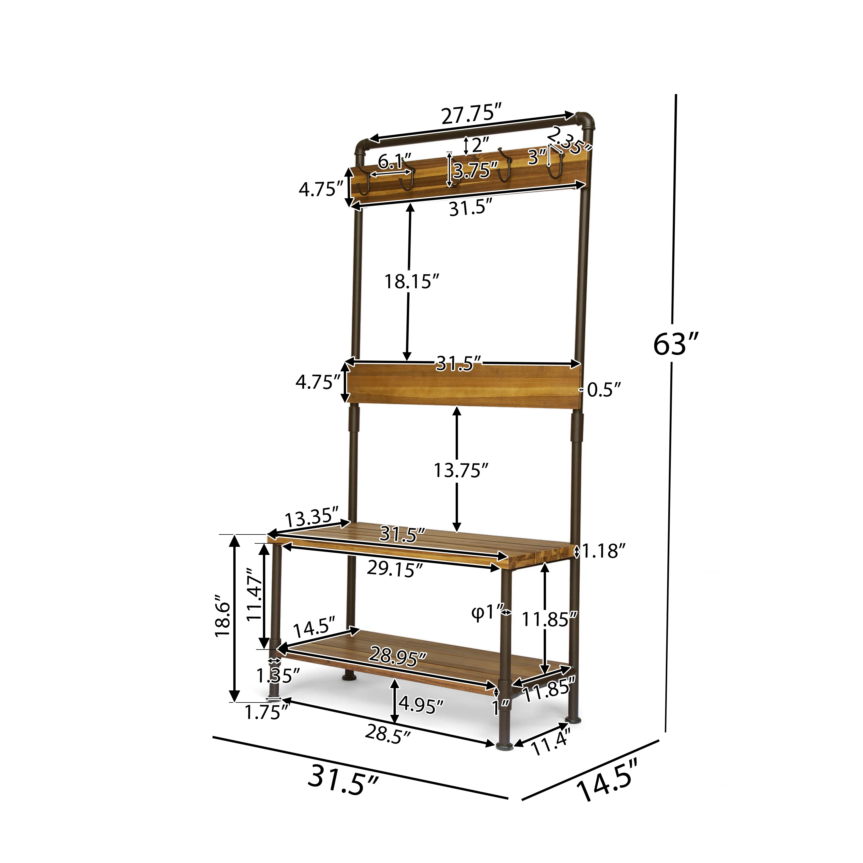 Dahl Outdoor Industrial Acacia and Iron Bench with Shelf and Coat Hooks - furnishings