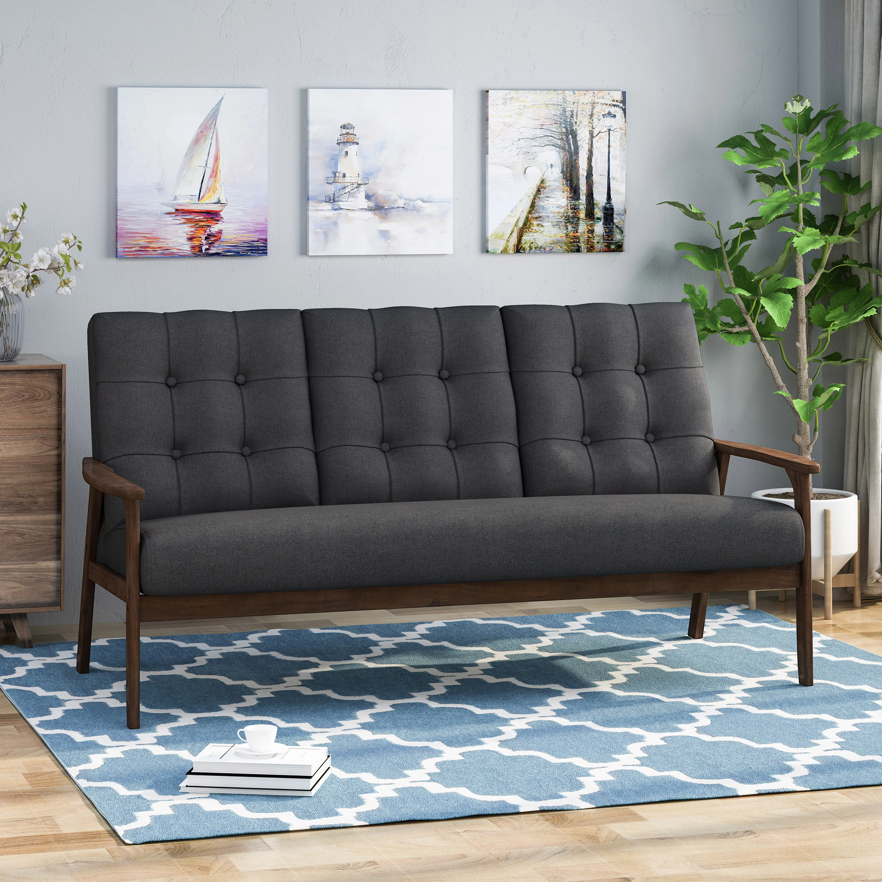 Samulle Mid Century Waffle Stitch Tufted Accent Sofa with Rubberwood Legs - Black and Walnut Finish - furnishings