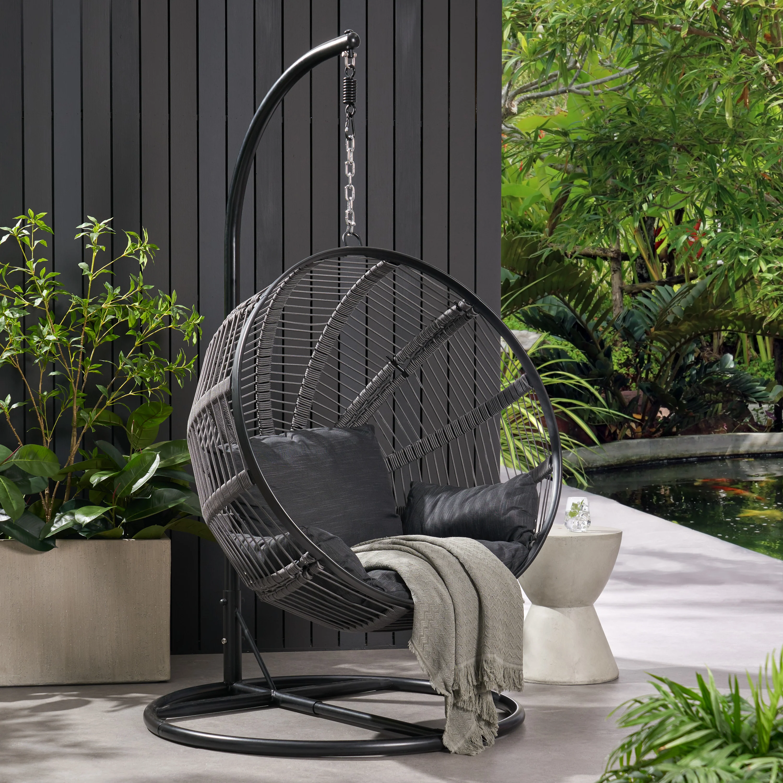 Ansonia Outdoor Rope Weave Hanging Chair with Stand - furnishings