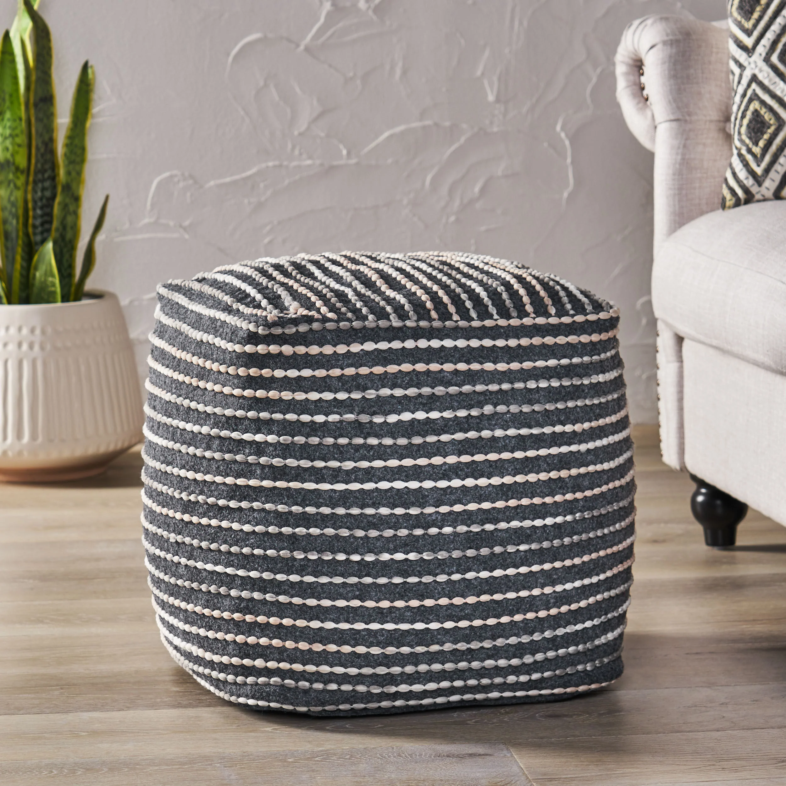 Purvis Jarrett Boho Handcrafted Fabric Cube Pouf, Ivory, Beige, and Gray - furnishings