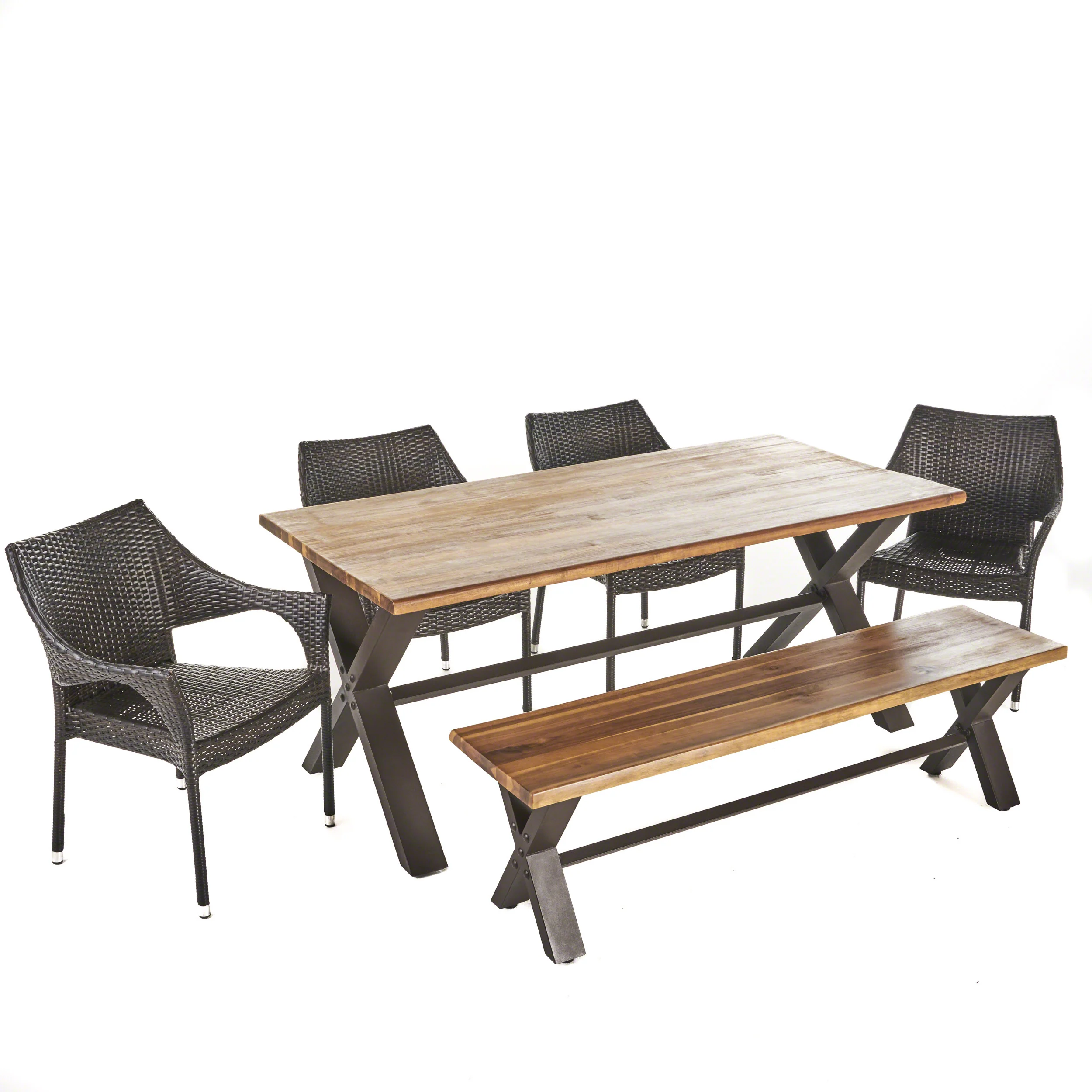 Lakeside Outdoor 6 Piece Acacia Wood Dining Set with Wicker Stacking Chairs - furnishings