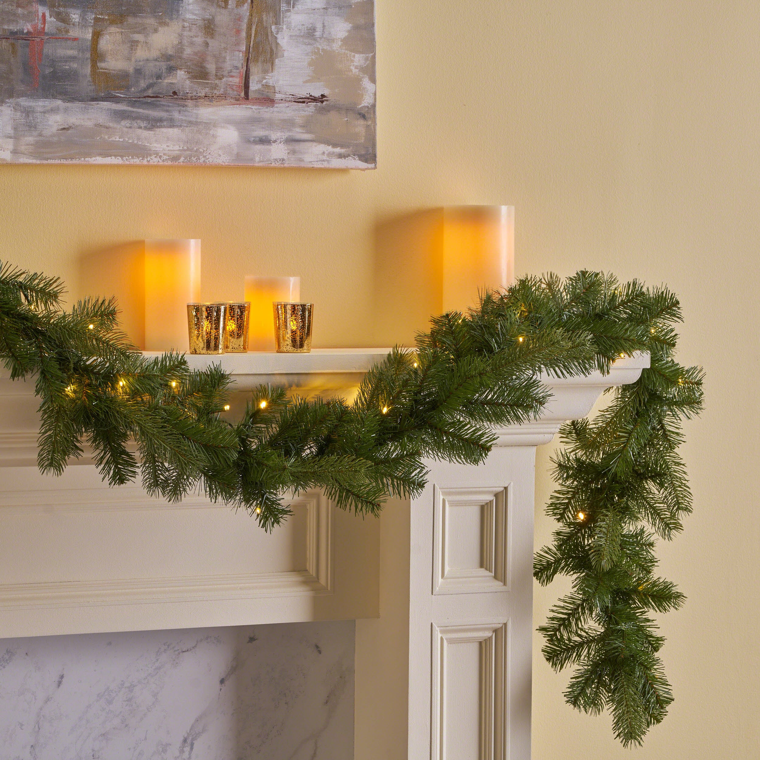 9-foot Mixed Spruce Pre-Lit Warm White LED Artificial Christmas Garland - furnishings