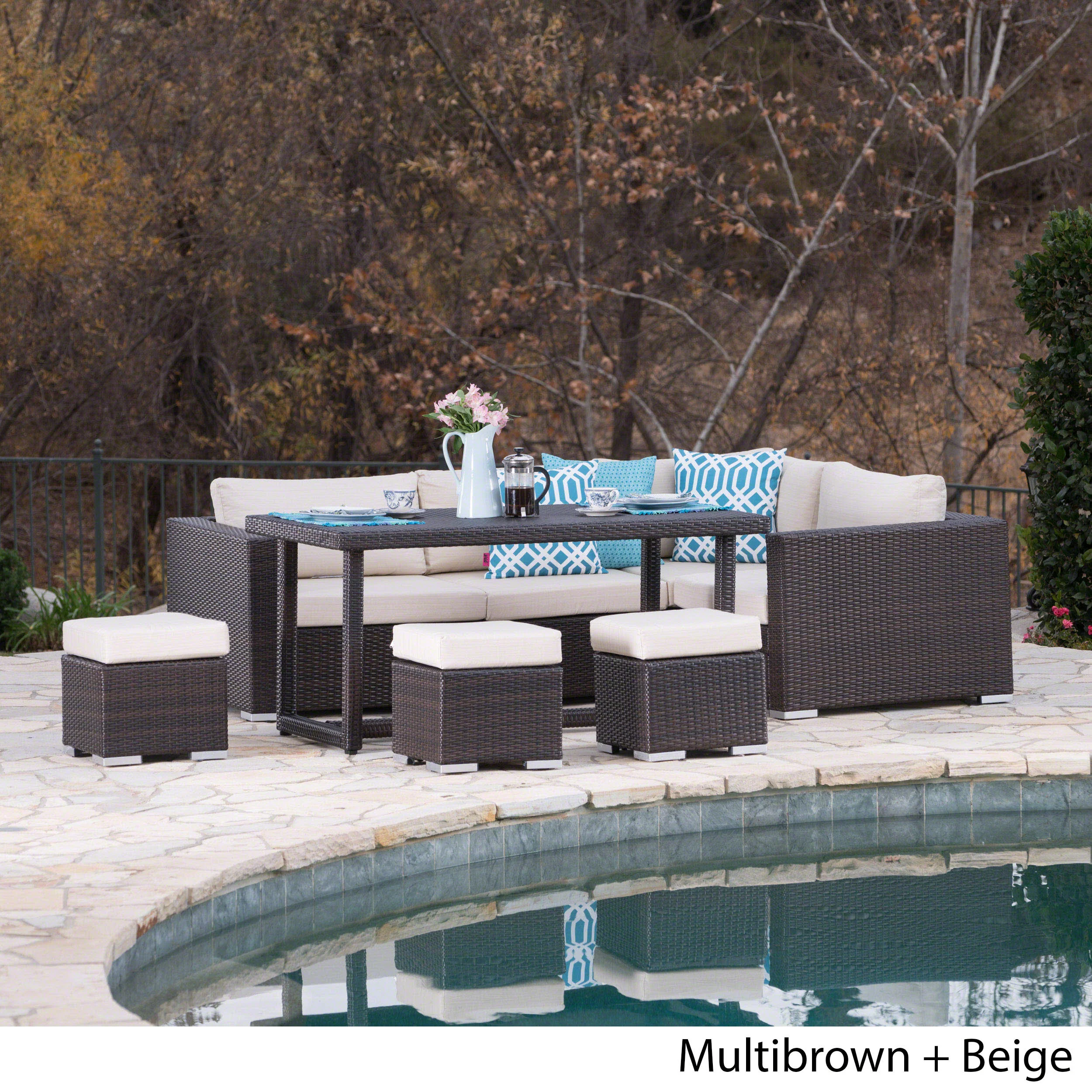 Santa Rosa Outdoor 7 Seat Dining Sofa and Ottoman Set with Aluminum Frame - furnishings