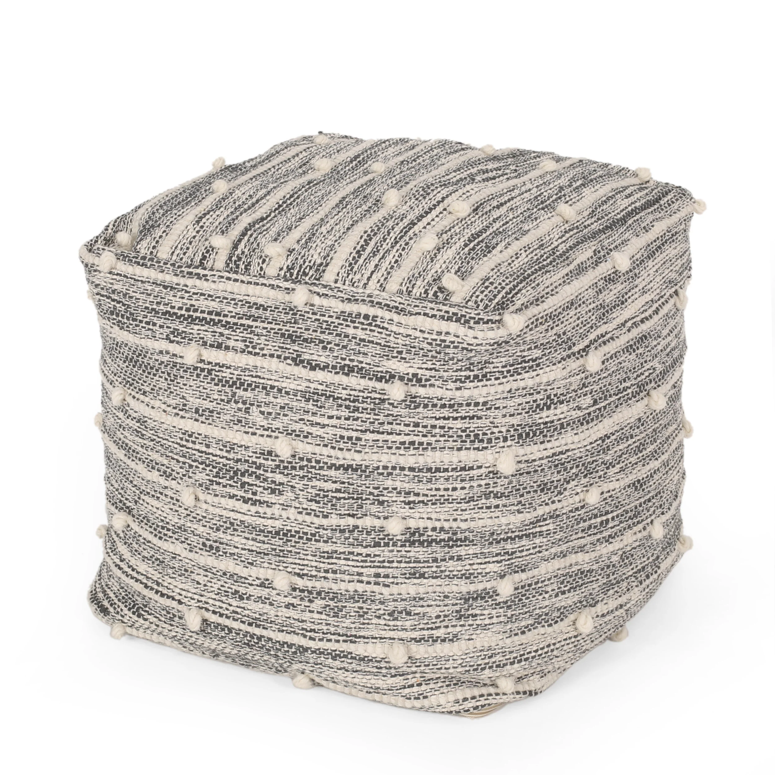 Shurley Parham Boho Handcrafted Fabric Cube Pouf, Ivory and Gray - furnishings
