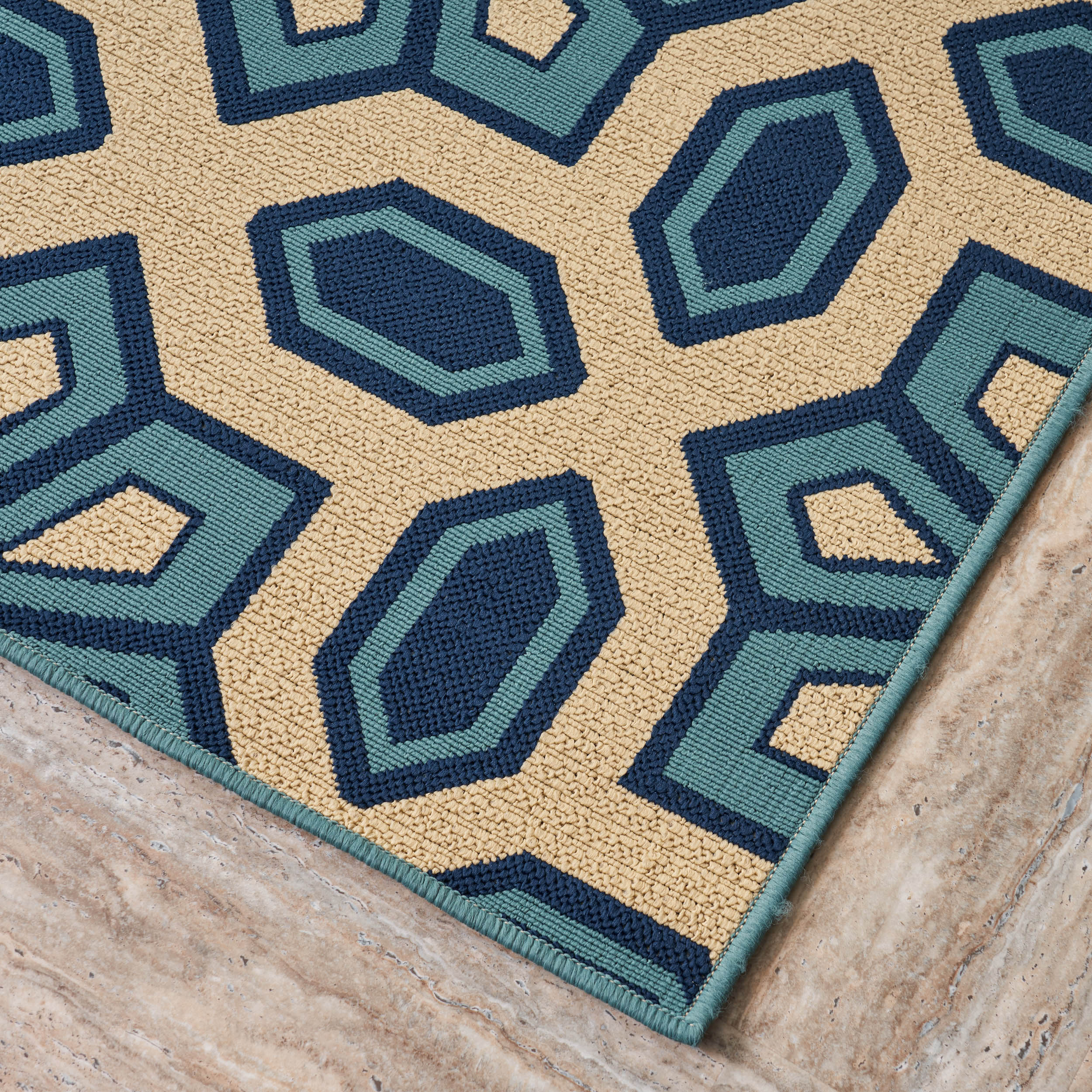 Jacobs Outdoor Geometric Floral Ivory and Blue Rectangular Area Rug - furnishings