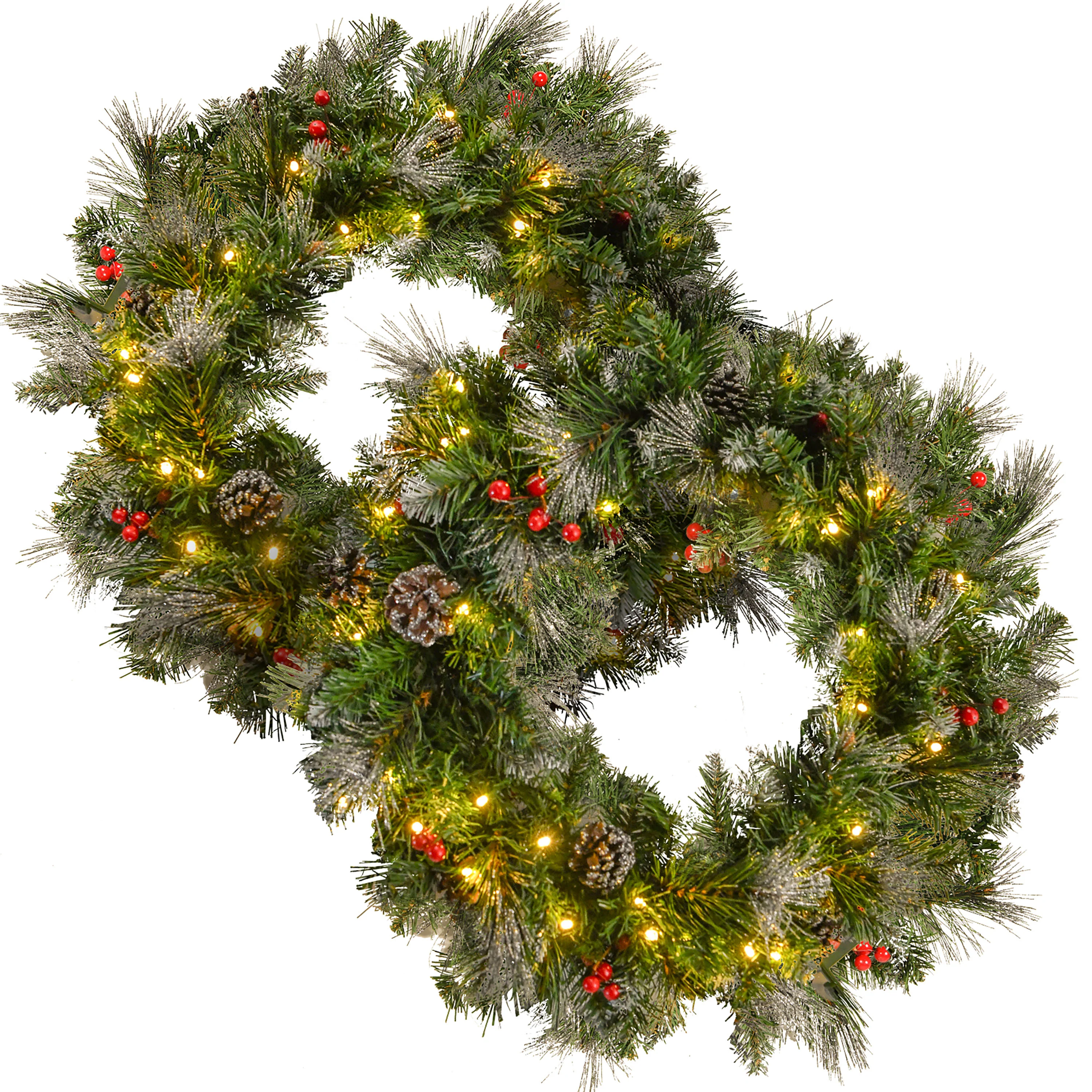 Chrisan 24''Glitter Bristle Mixed Wreath with with 9 Red Berry and 9 Pine - furnishings