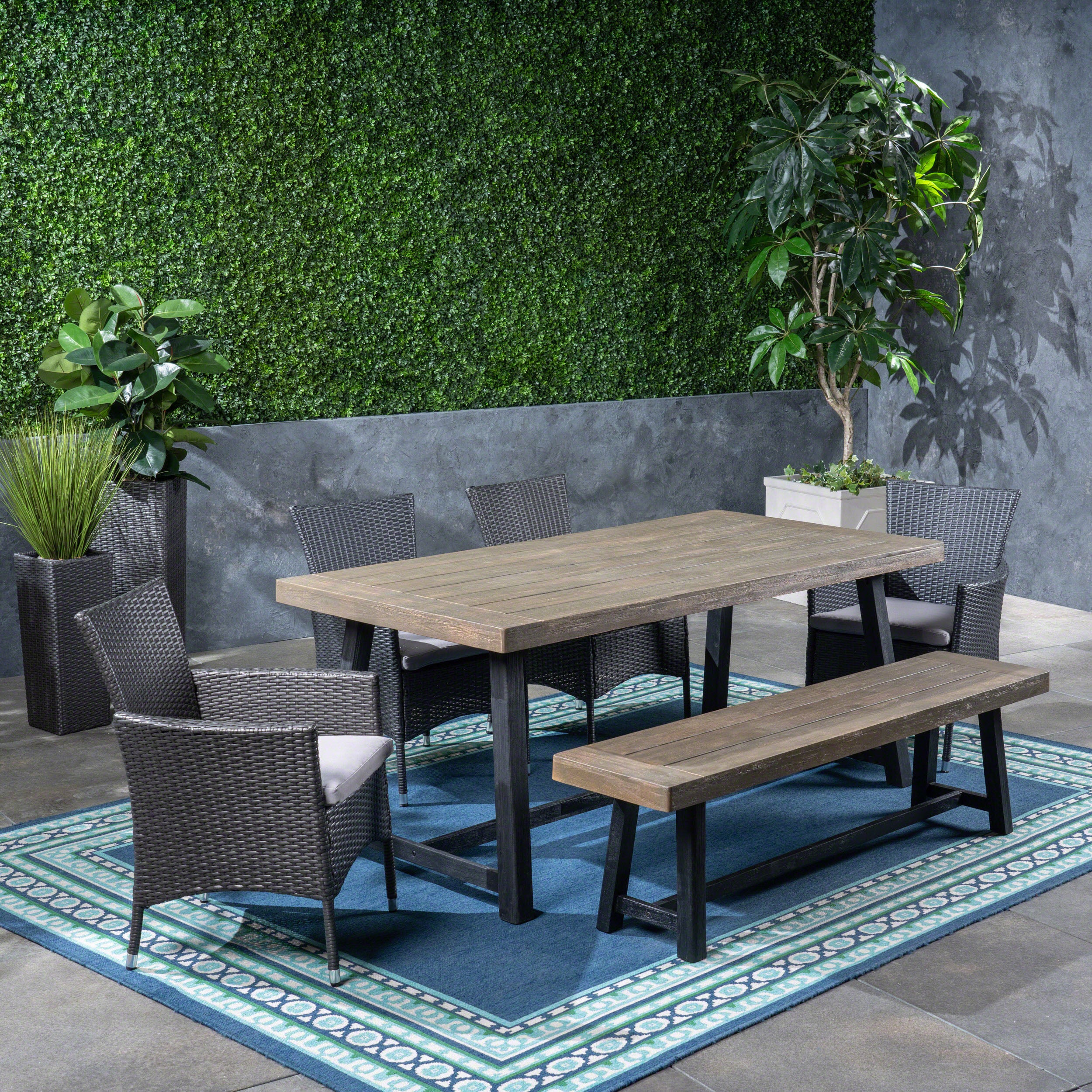 Bunta Outdoor 6 Piece Dining Set with Wicker Chairs and Bench - furnishings