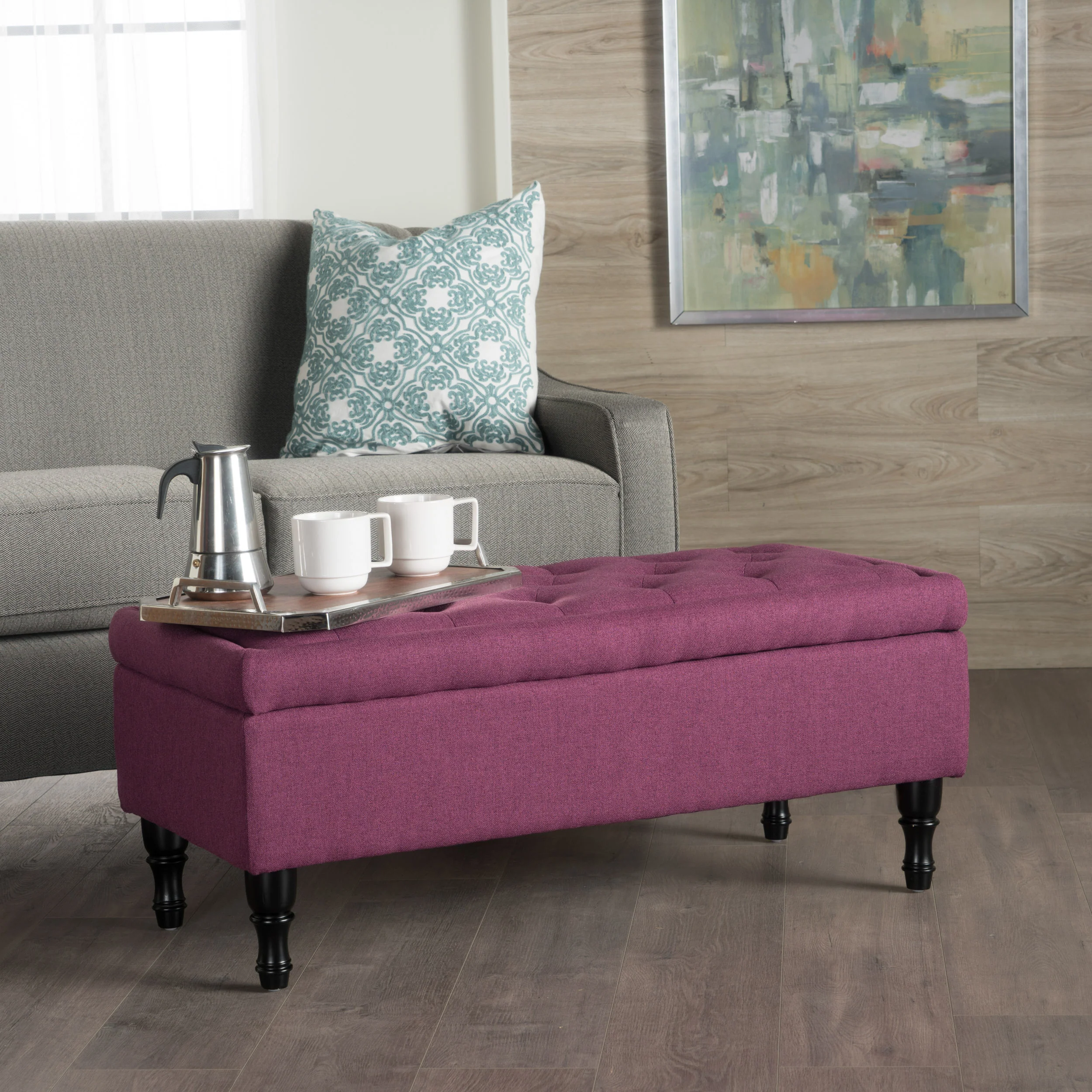 Constance Button Tufted Fabric Rectangle Storage Ottoman Bench w/ Turned Legs - furnishings