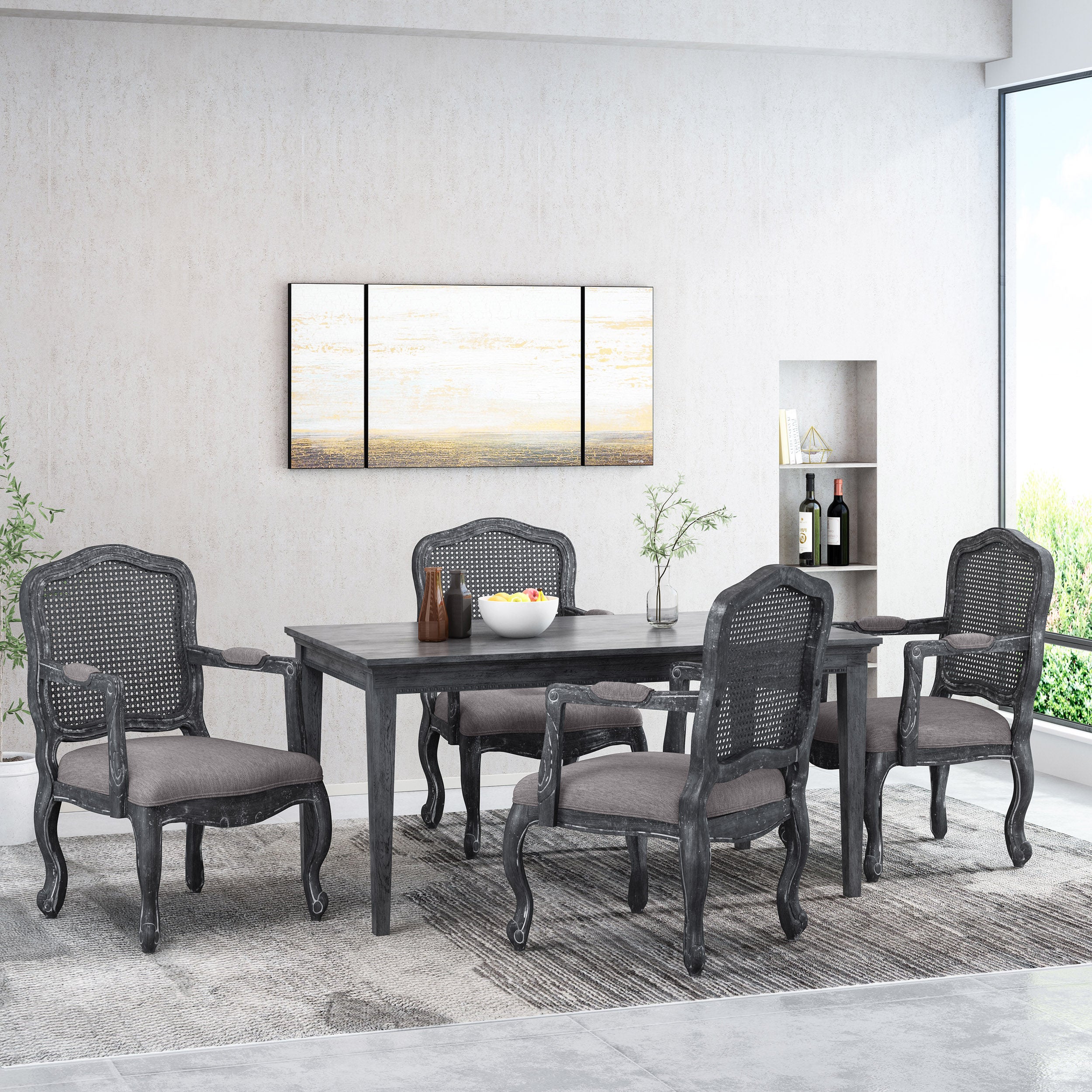 Biorn French Country Wood and Cane Upholstered Dining Armchair - furnishings