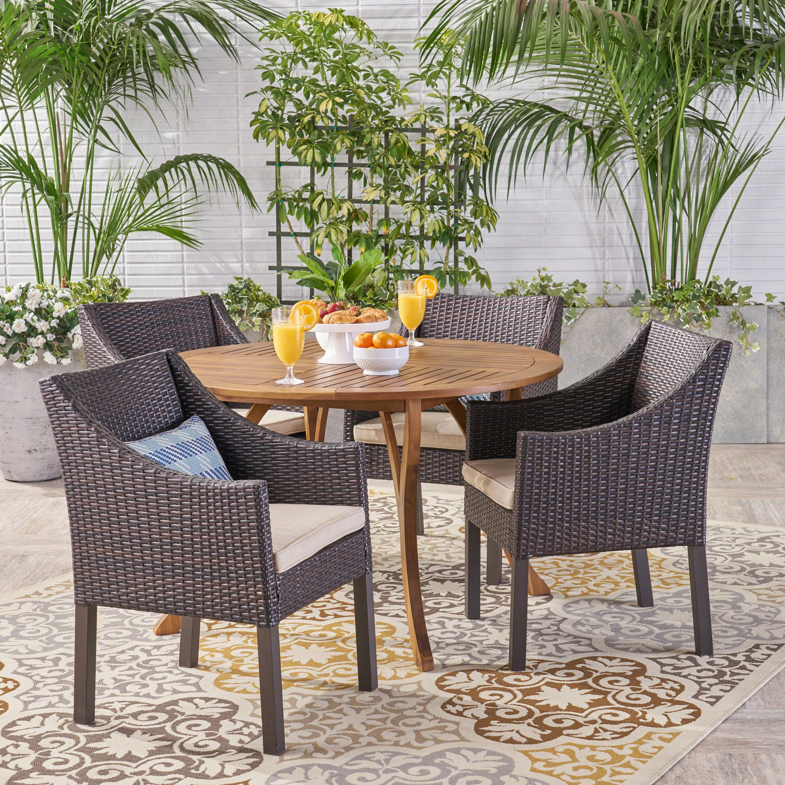 Tycie Outdoor 5 Piece Acacia Wood and Wicker Dining Set, Teak with Multi Brown Chairs - furnishings