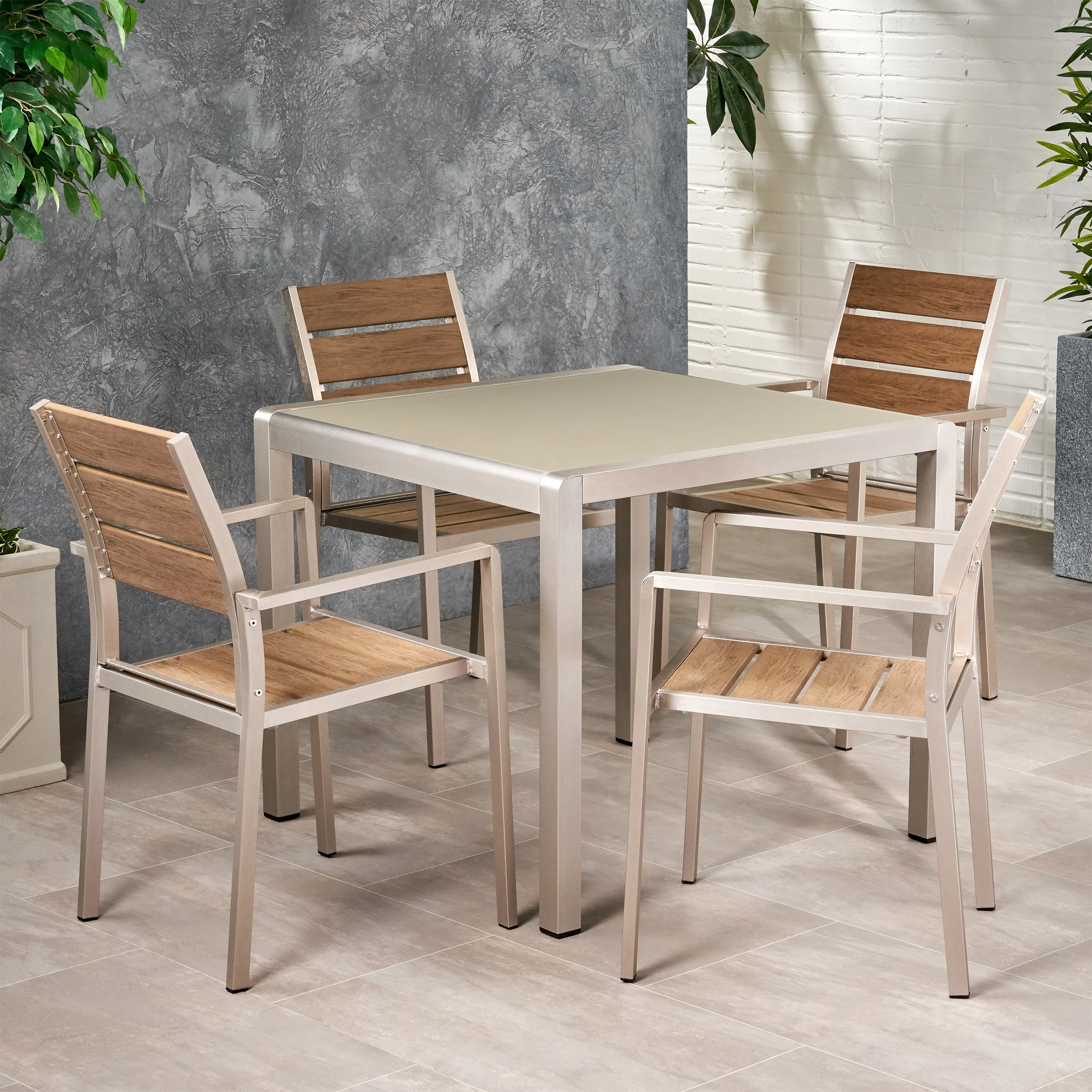Cherie Outdoor Modern Aluminum 4 Seater Dining Set with Faux Wood Seats - furnishings