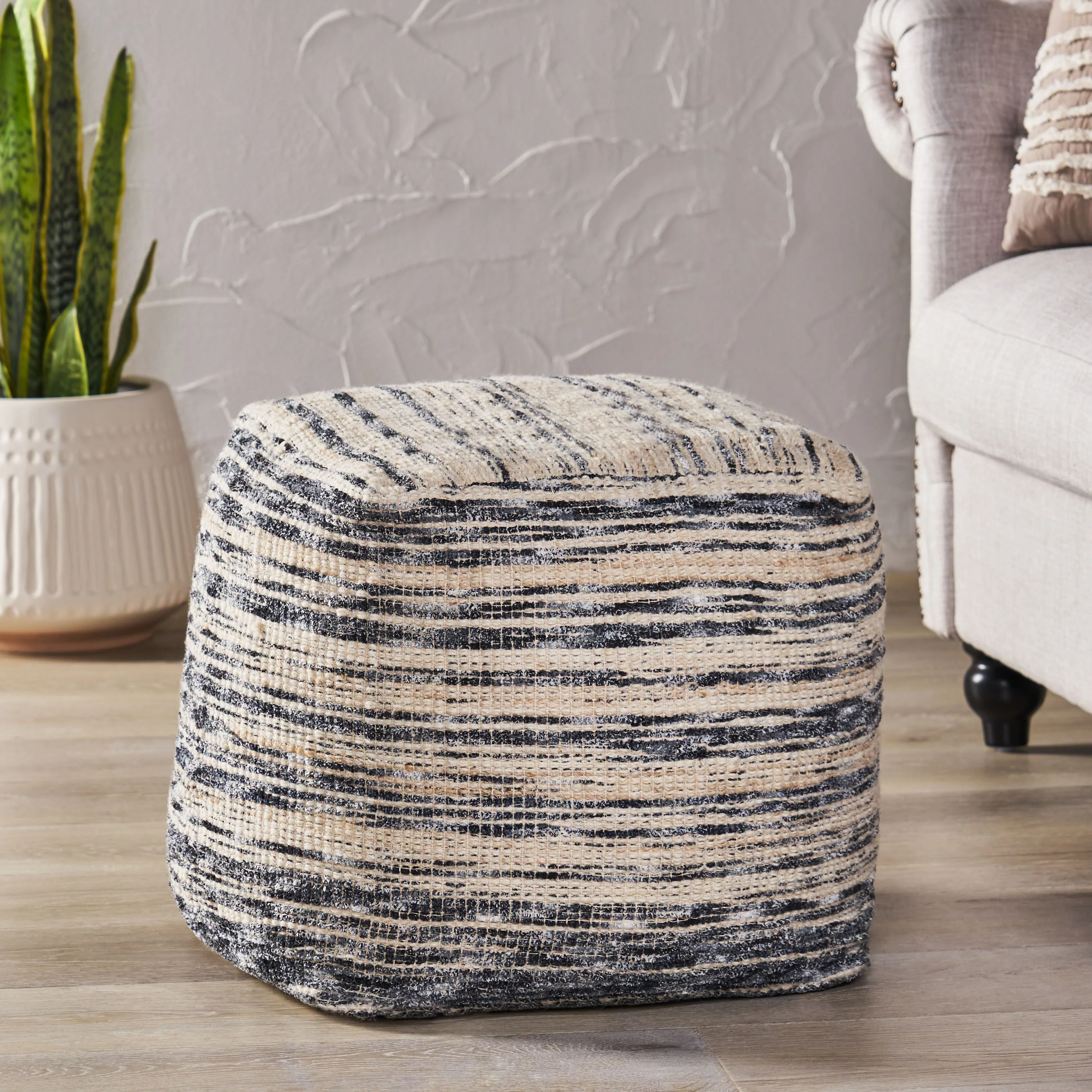 Ricketson Lazenby Boho Handcrafted Fabric Cube Pouf, Ivory, Gray, and Black - furnishings