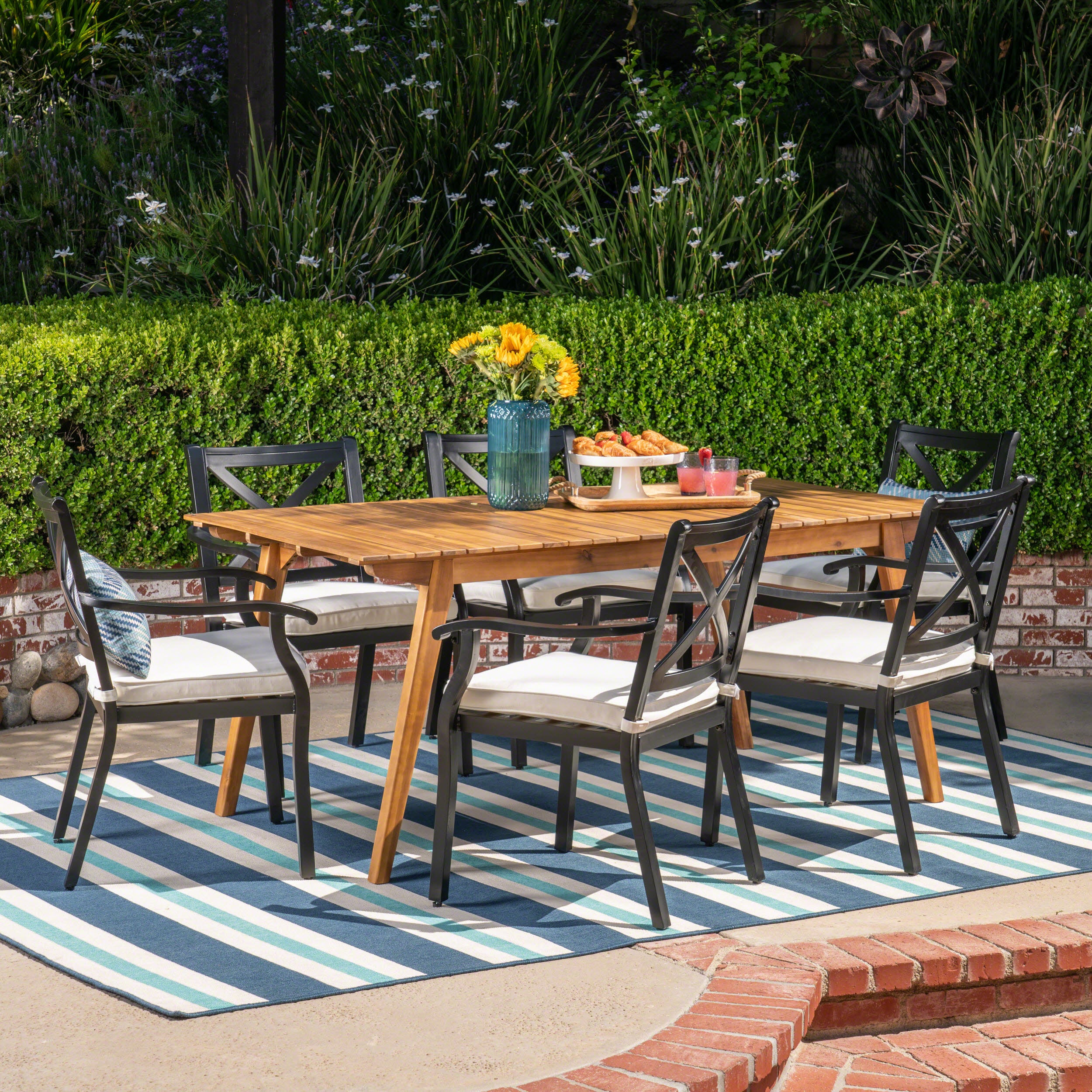 Buster Outdoor 7 Piece Acacia Wood and Aluminum Dining Set, Teak and Black with Ivory Cushions - furnishings