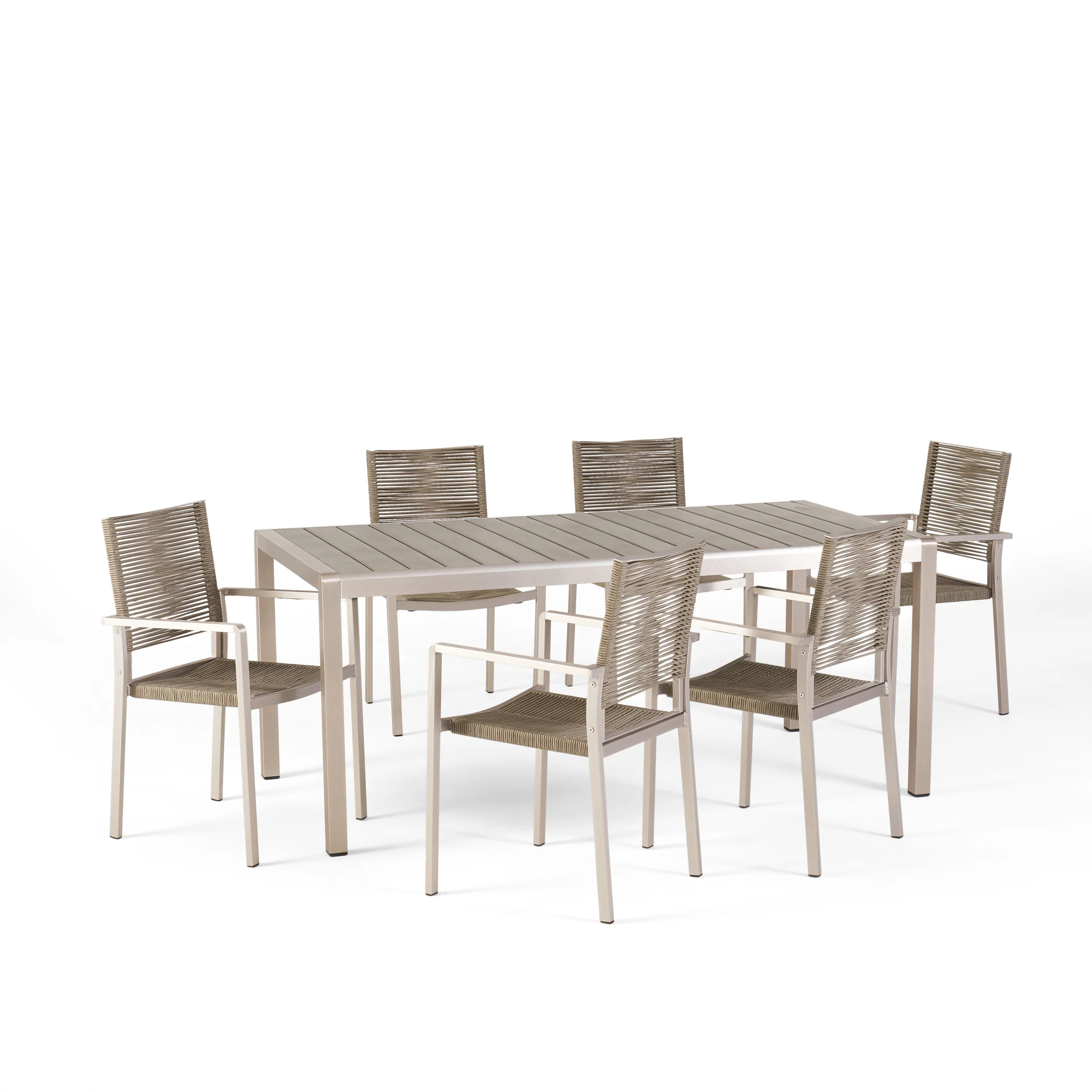 Makyla Outdoor Modern 6 Seater Aluminum Dining Set with Faux Wood Table Top - furnishings