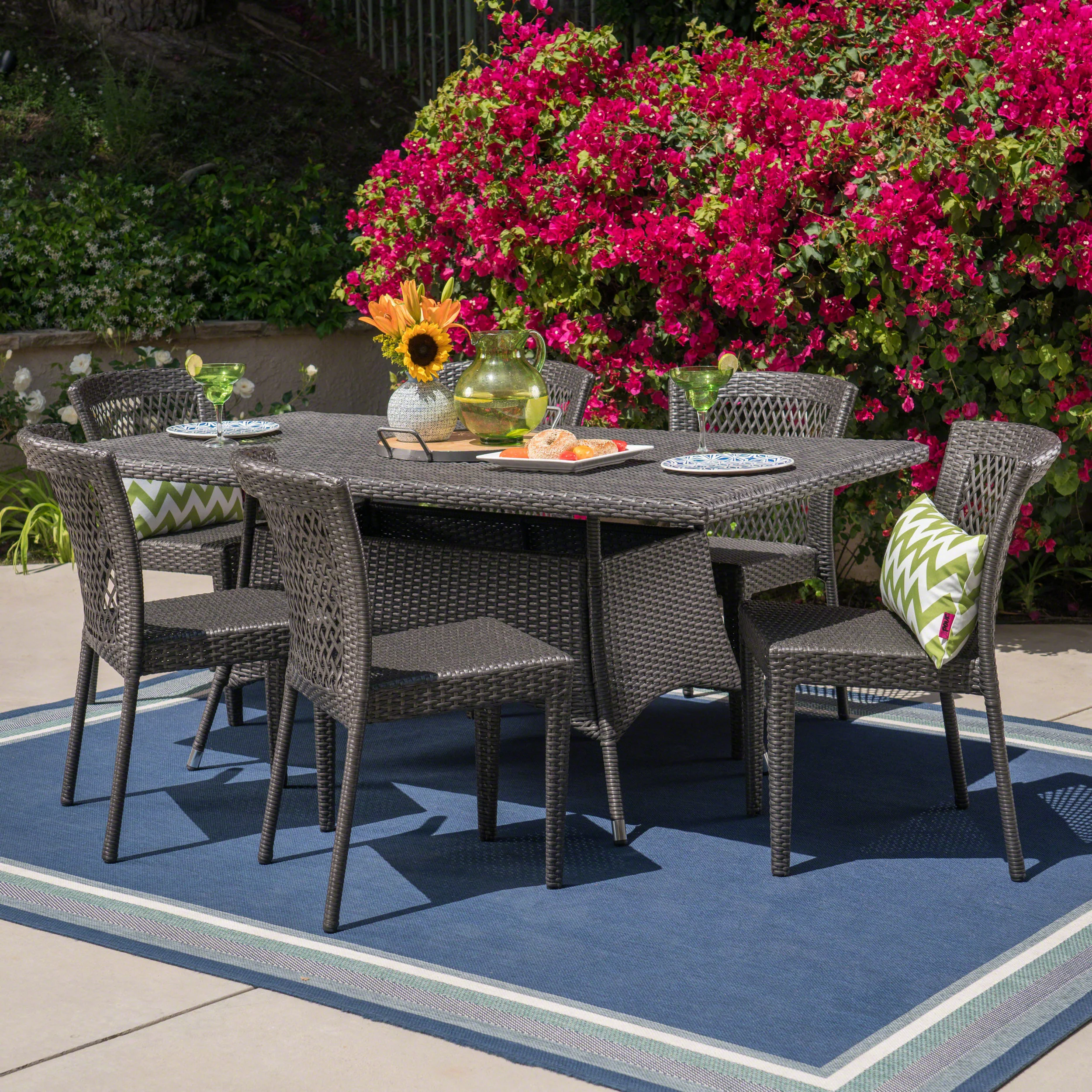 Haley Outdoor 7 Piece Wicker Dining Set, Grey - furnishings