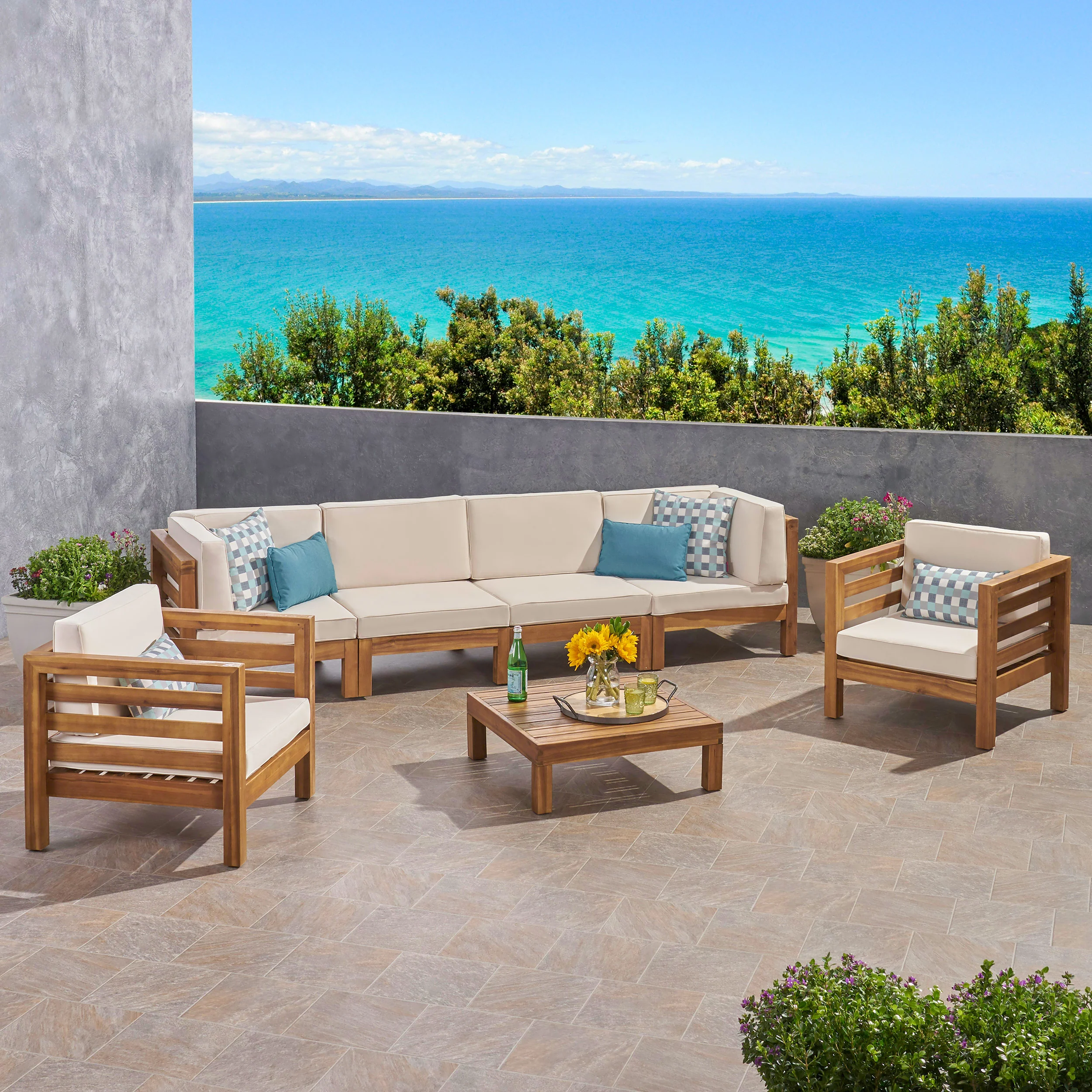 Emma Outdoor 6 Seater Acacia Wood Sofa Chat Set - furnishings
