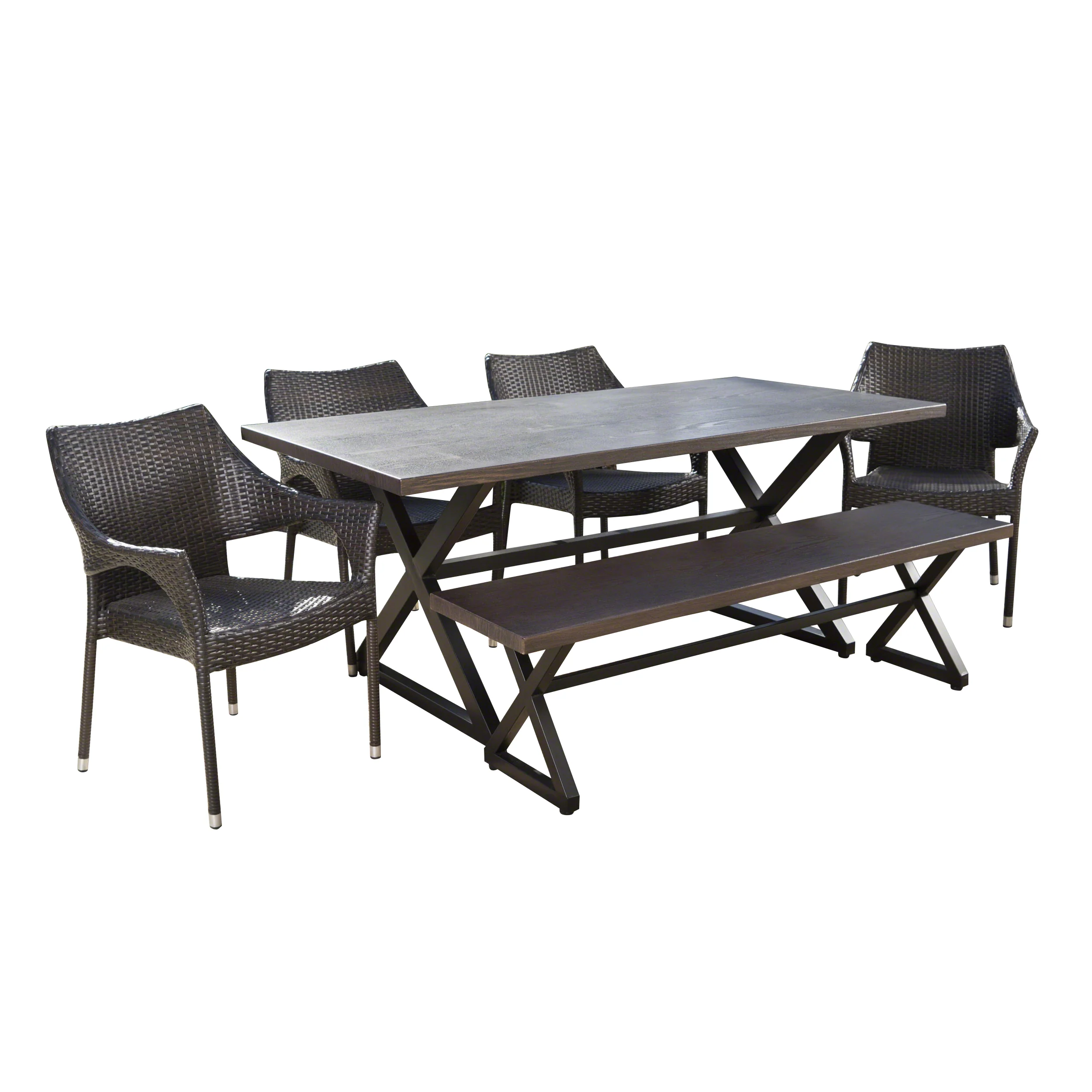 Ismus Outdoor 6 Piece Aluminum Dining Set with Bench and Stacking Chairs - furnishings