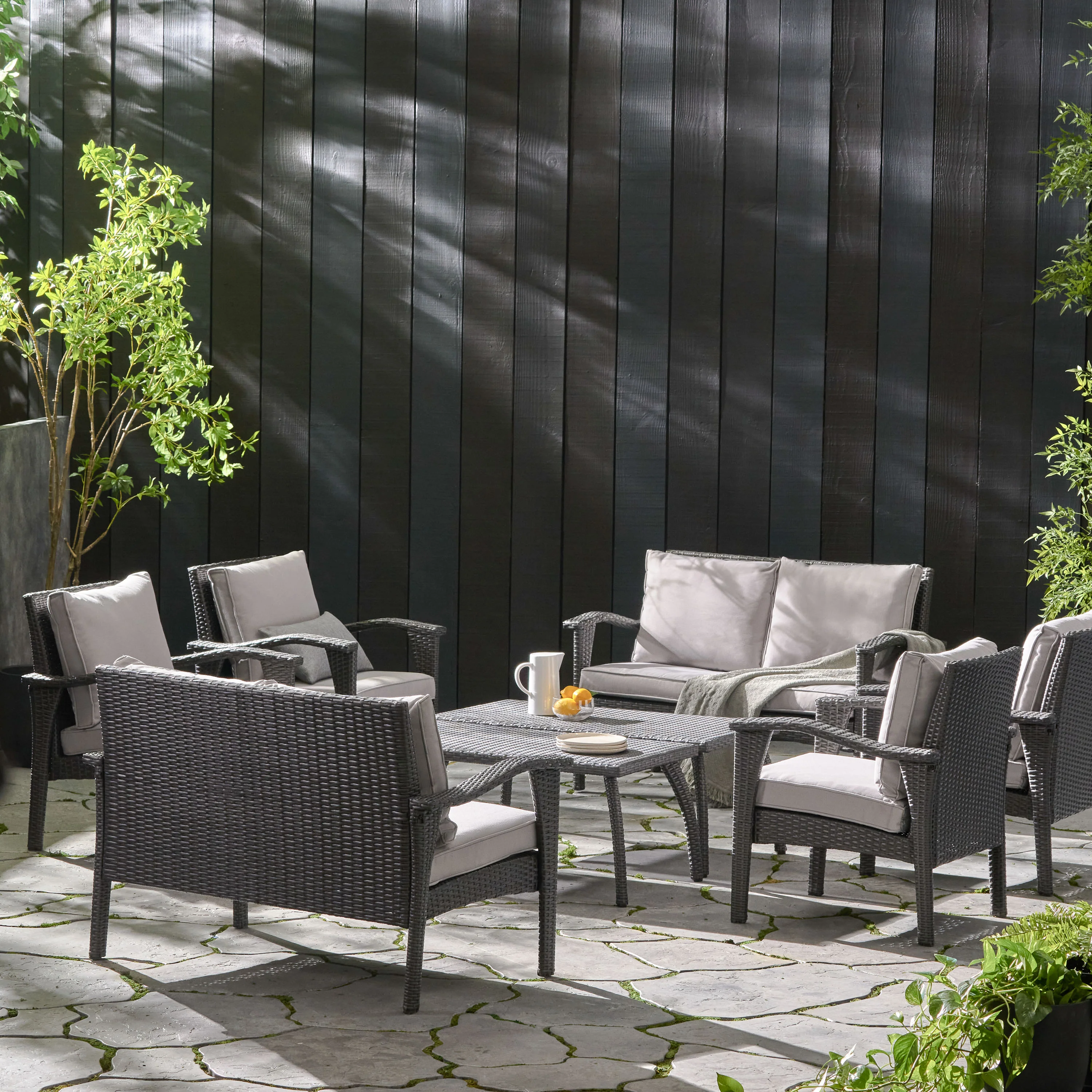 Voyage Outdoor 8 Piece Gray Wicker Chat Set with Cushions - furnishings