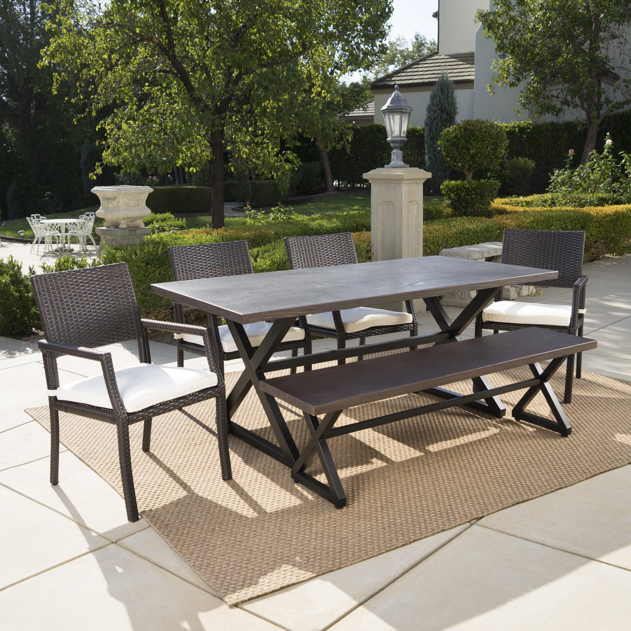 Sherman Outdoor 6 Piece Aluminum Dining Set with Bench and Wicker Dining Chairs - furnishings