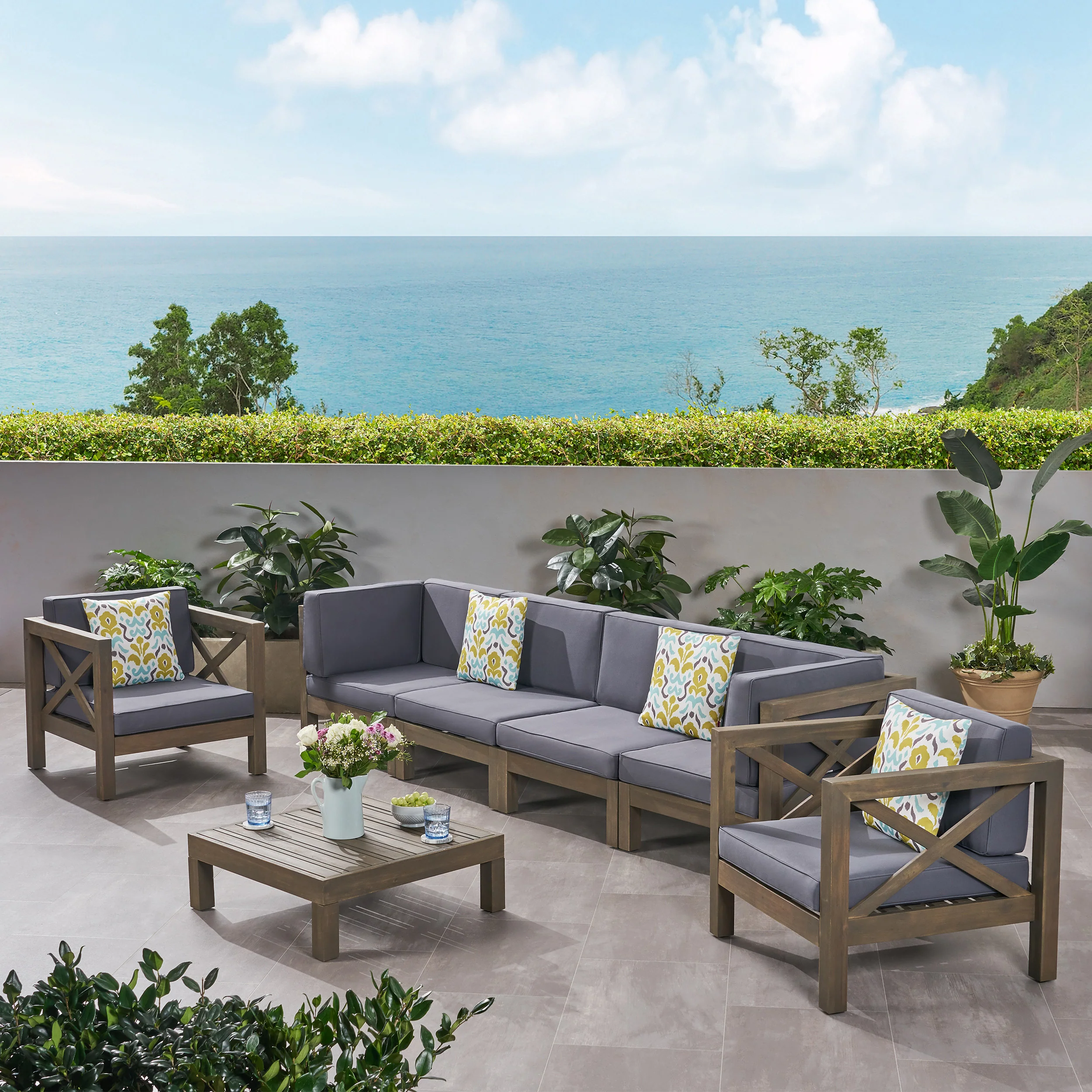 Morgan Outdoor 6 Seater Acacia Wood Sofa Chat Set - furnishings
