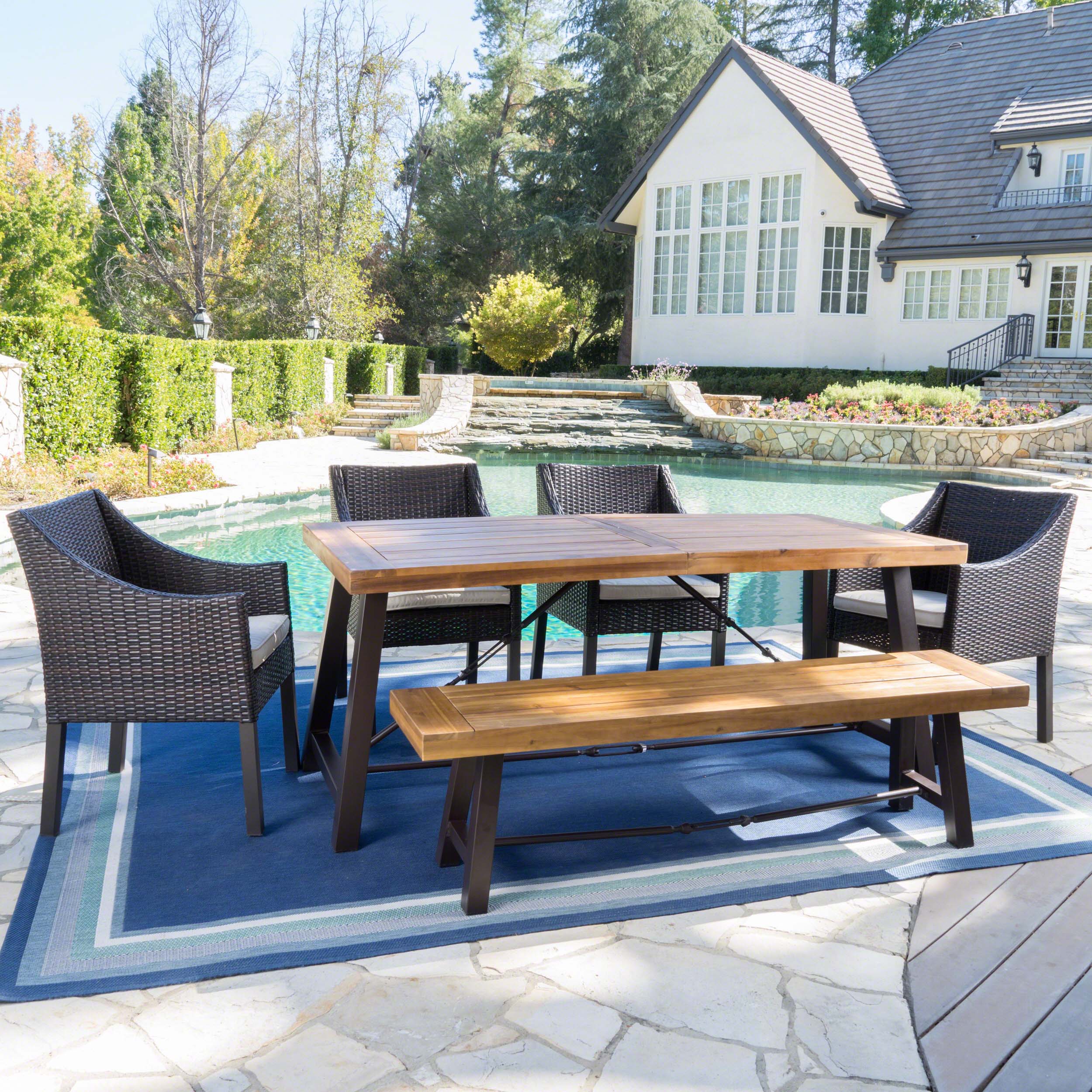 Bossad Outdoor 6 Piece Acacia Wood Dining Set with Wicker Dining Chairs - furnishings