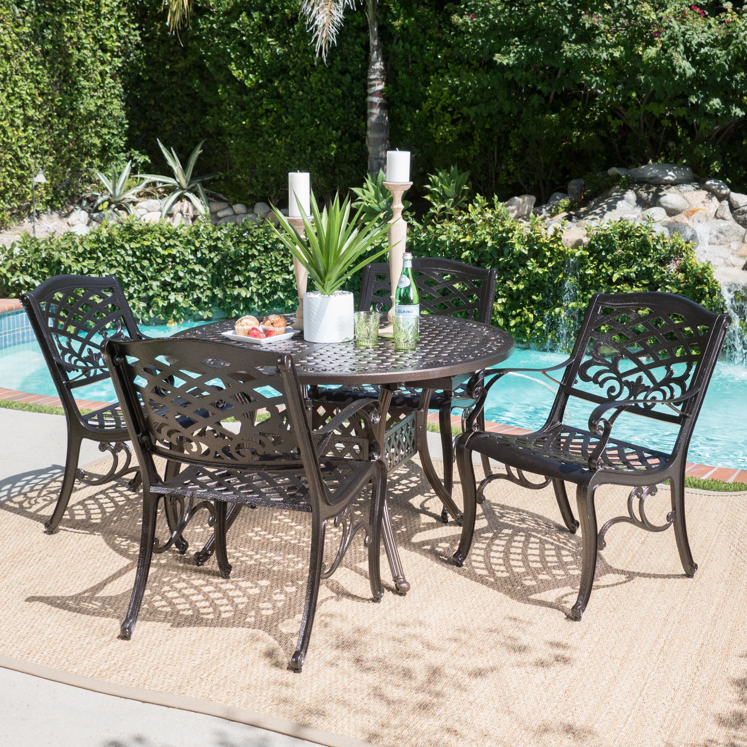 Clarisse Outdoor 5 Piece Hammered Bronze Finished Aluminum Dining Set with Expandable Table - furnishings
