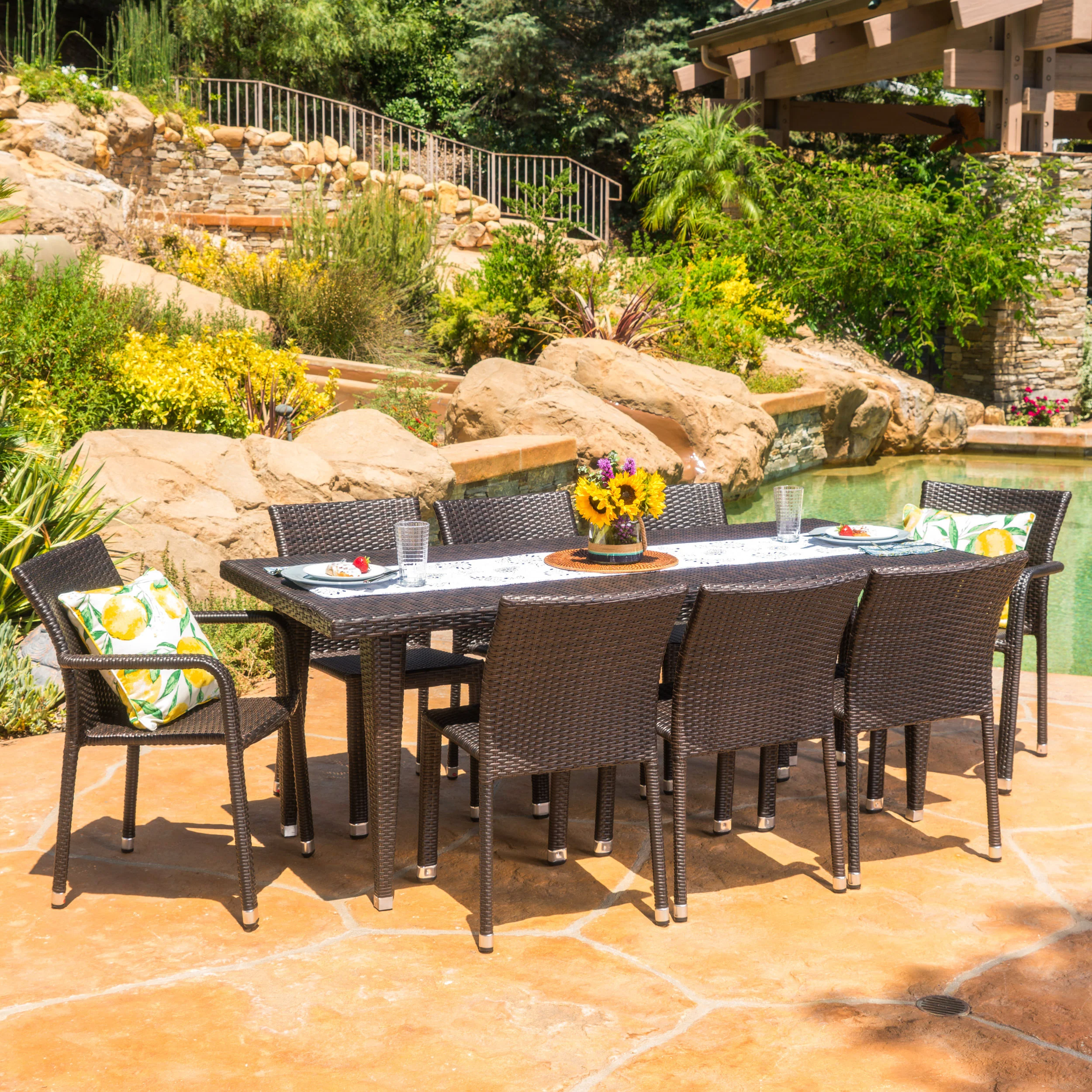 Bangladesh Outdoor 9 Piece Wicker Dining Set with Armed and Armless Dining Chairs - furnishings