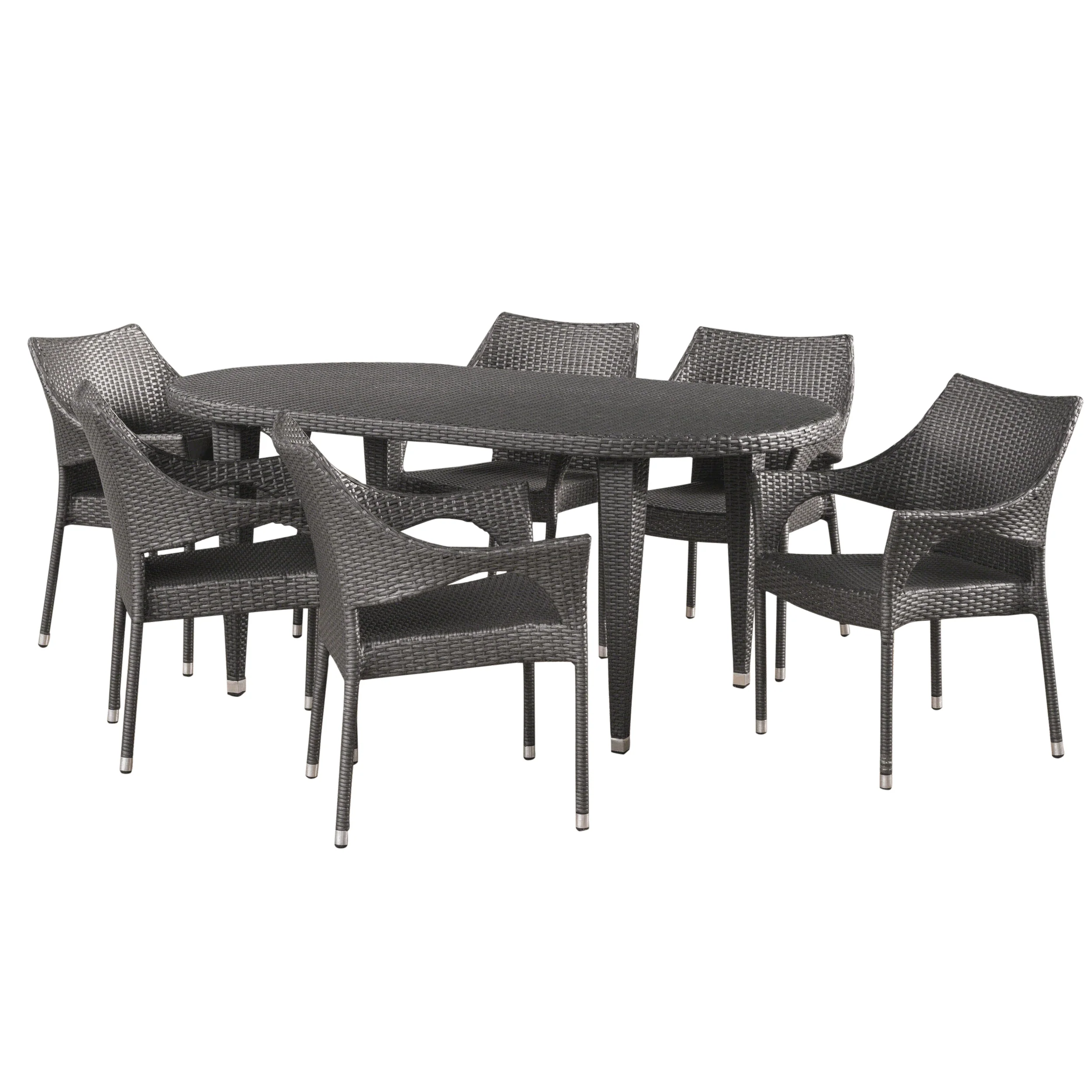 Tills Outdoor 7 Piece Gray Wicker Oval Dining Set with Stacking Chairs - furnishings