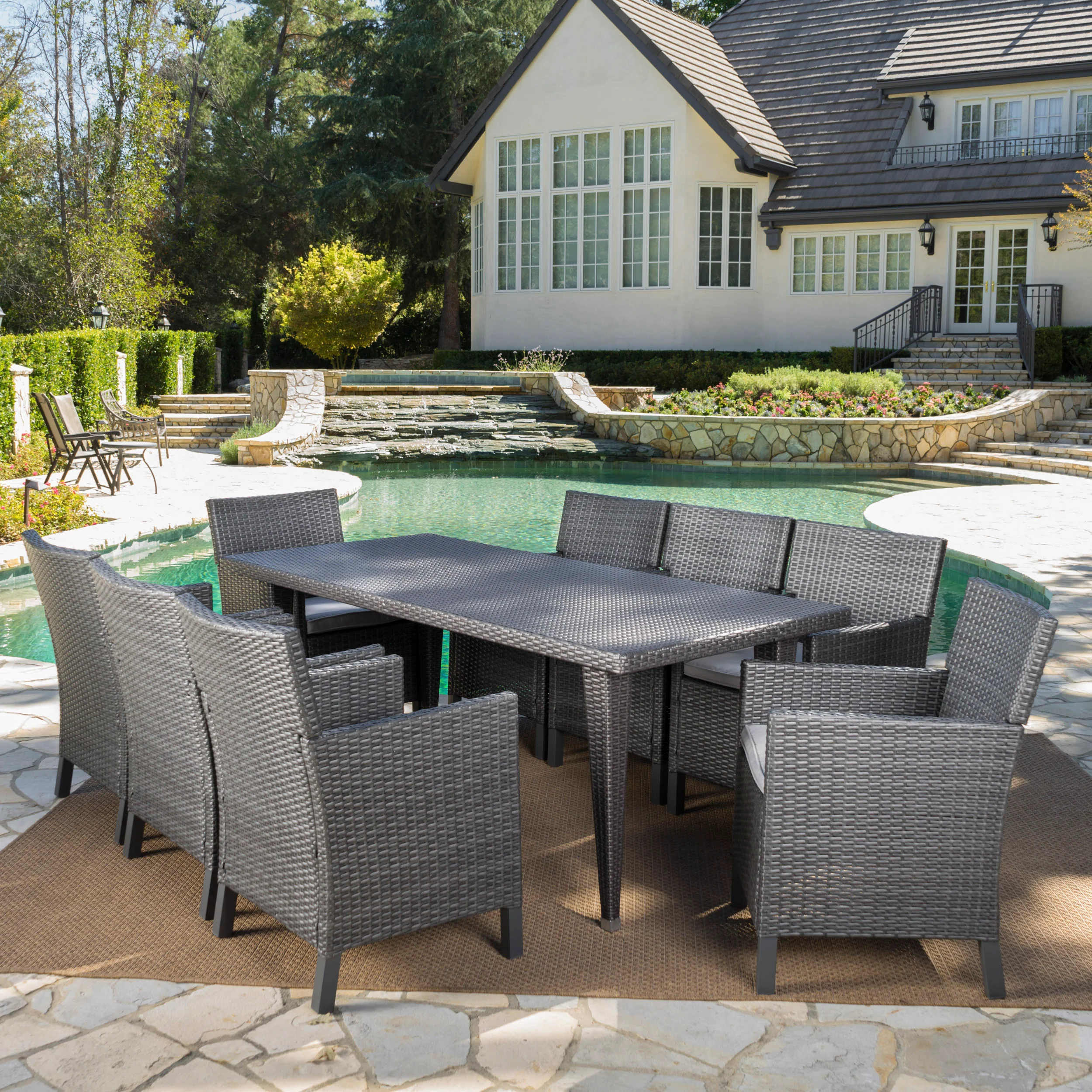 Cerrenne Outdoor 9 Piece Wicker Dining Set with Water Resistant Cushions - furnishings