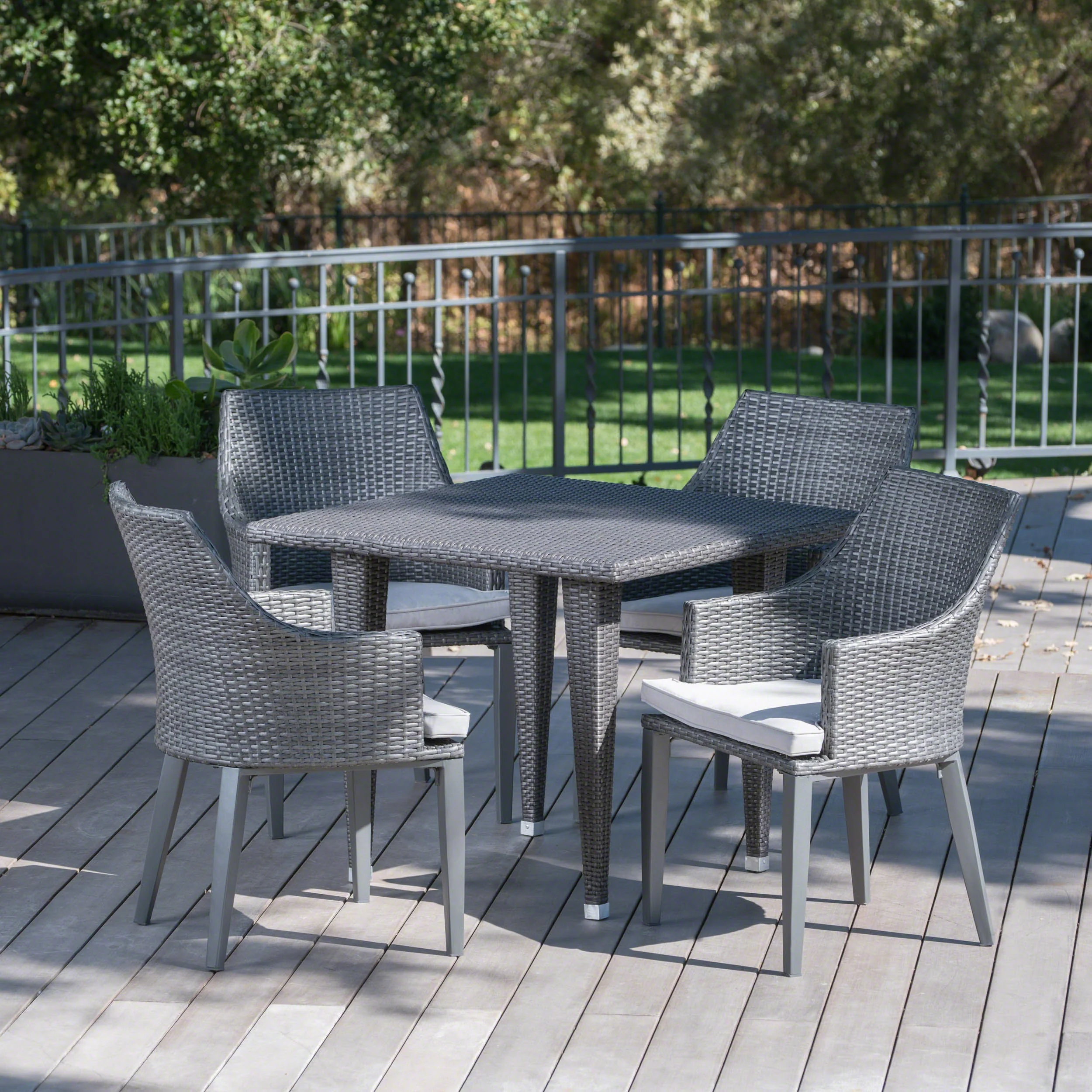 Lenny Outdoor 5 Piece Gray Wicker Dining Set with Water Resistant Cushions - furnishings